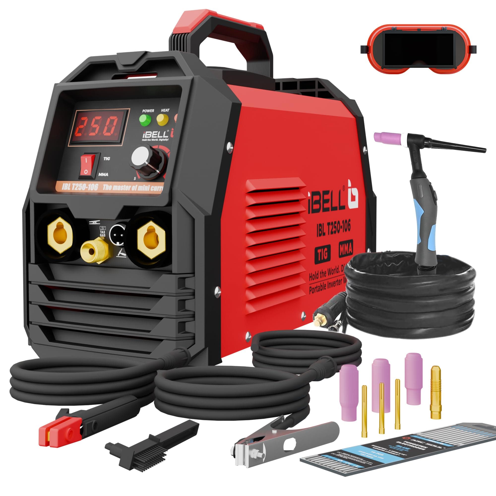 iBELL T250-106 TIG/MMA 2-in-1 Welding Machine | 250A Inverter IGBT Welder | 220V | Anti-Stick | Includes 10 Tungsten Rods & All Accessories | 1-Year Warranty