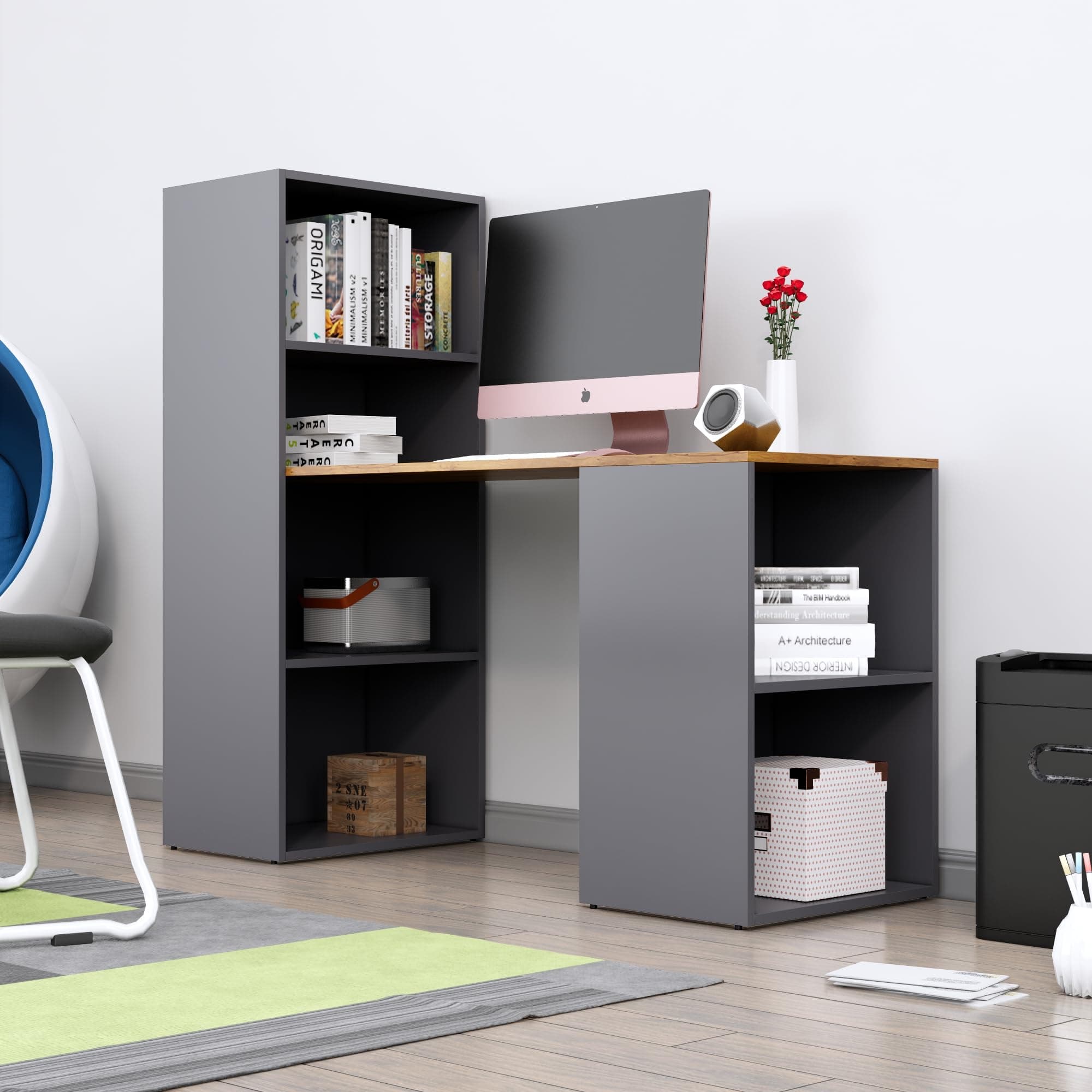 Bniture Wooden Study Table for Home with Bottom Storage | Engineered Wood Study Table with Book Shelf | Multi Purpose Computer Desk for Writing, Laptop Table for Office & Home, Slate Grey & Giant Wood