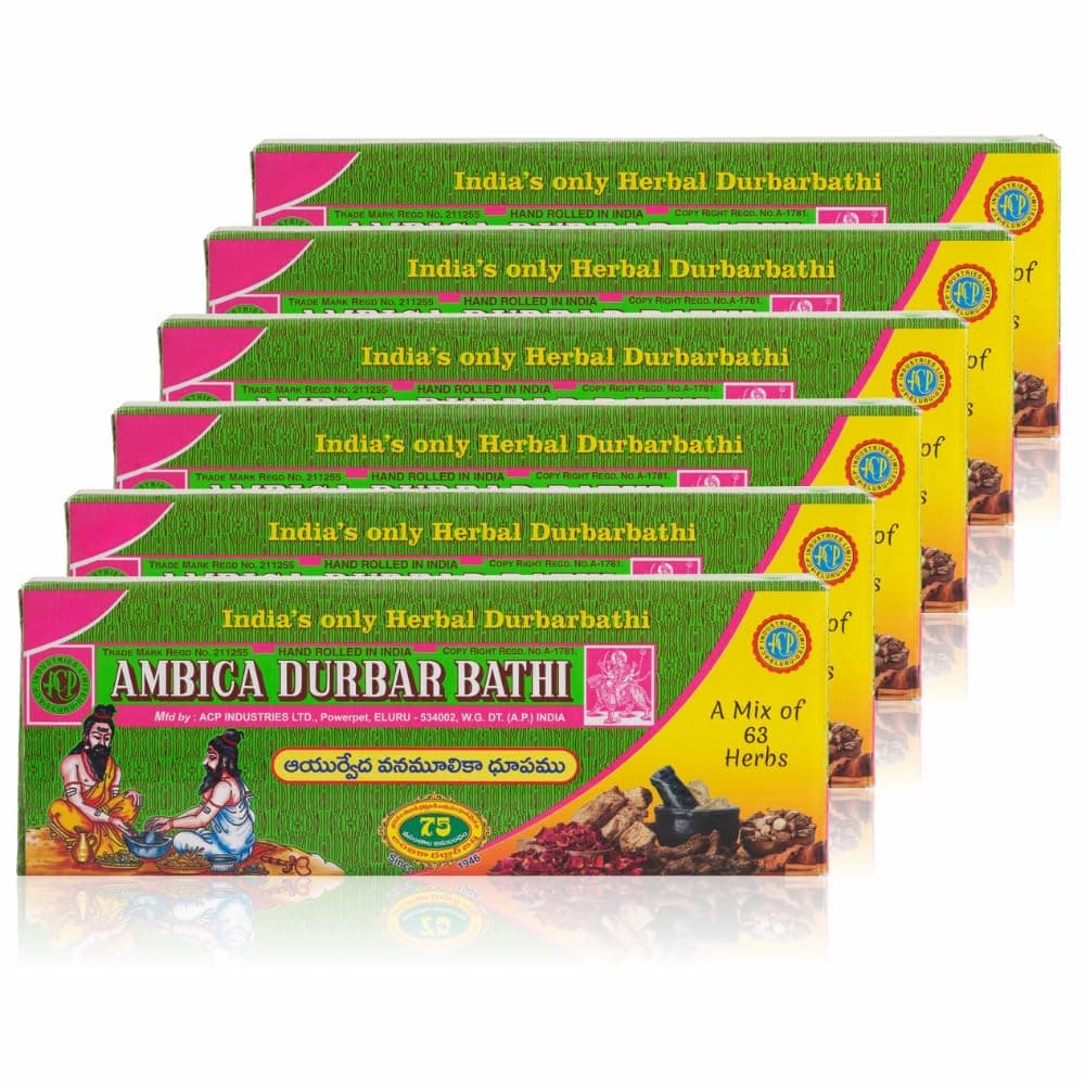 Ambica Durbar Bathi | Made with 63 Sacred Herbs | 210 g, Hand Rolled, Long Lasting | Homam in a Stick | 100% Organic Incense Sticks for Pooja, Meditation | Made in India | Pack of 6