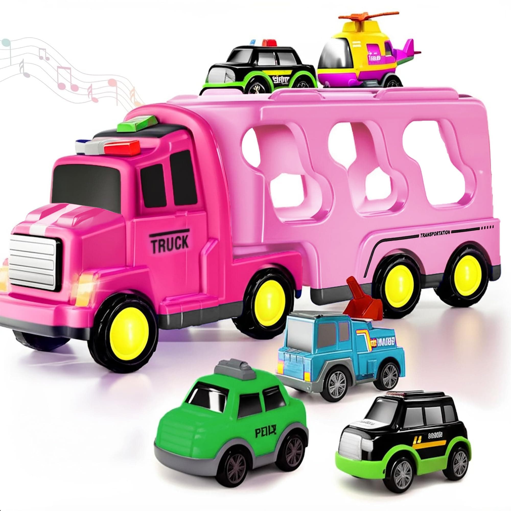 Kidology 5-in-1 Friction-Powered Truck Toy Set with Music for Kids Ages 3+ Years – Montessori Educational Transport Carrier Vehicle Toy for Boys & Girls, Fun Birthday Gift - Pink