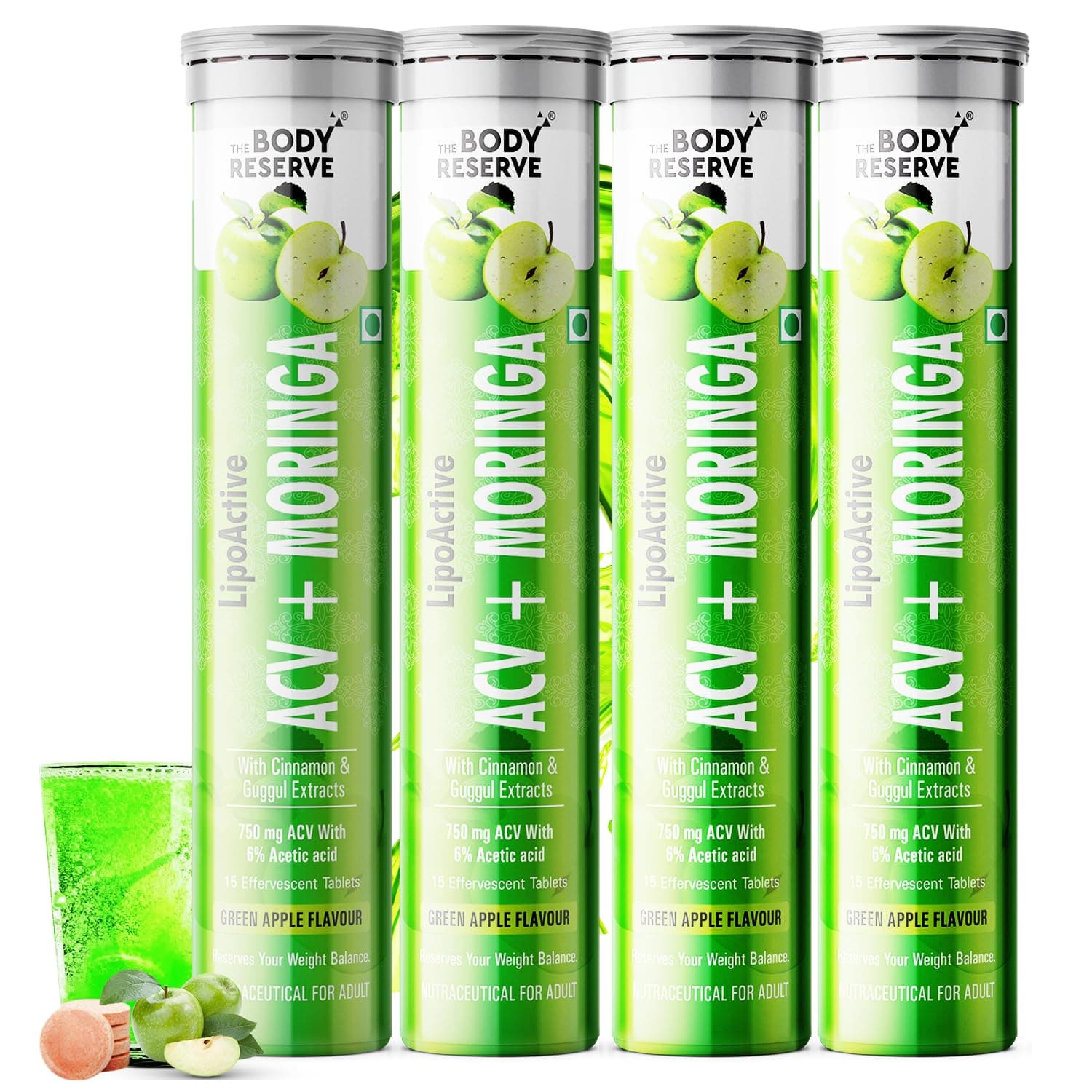 The Body Reserve ACV Moringa Effervescent Tablets – Apple Cider Vinegar, Cinnamon, Moringa, Pomegranate | Supports Metabolism, Cravings, Digestion & Immunity | Green Apple Flavor | Pack of 4 (60 Tablets)