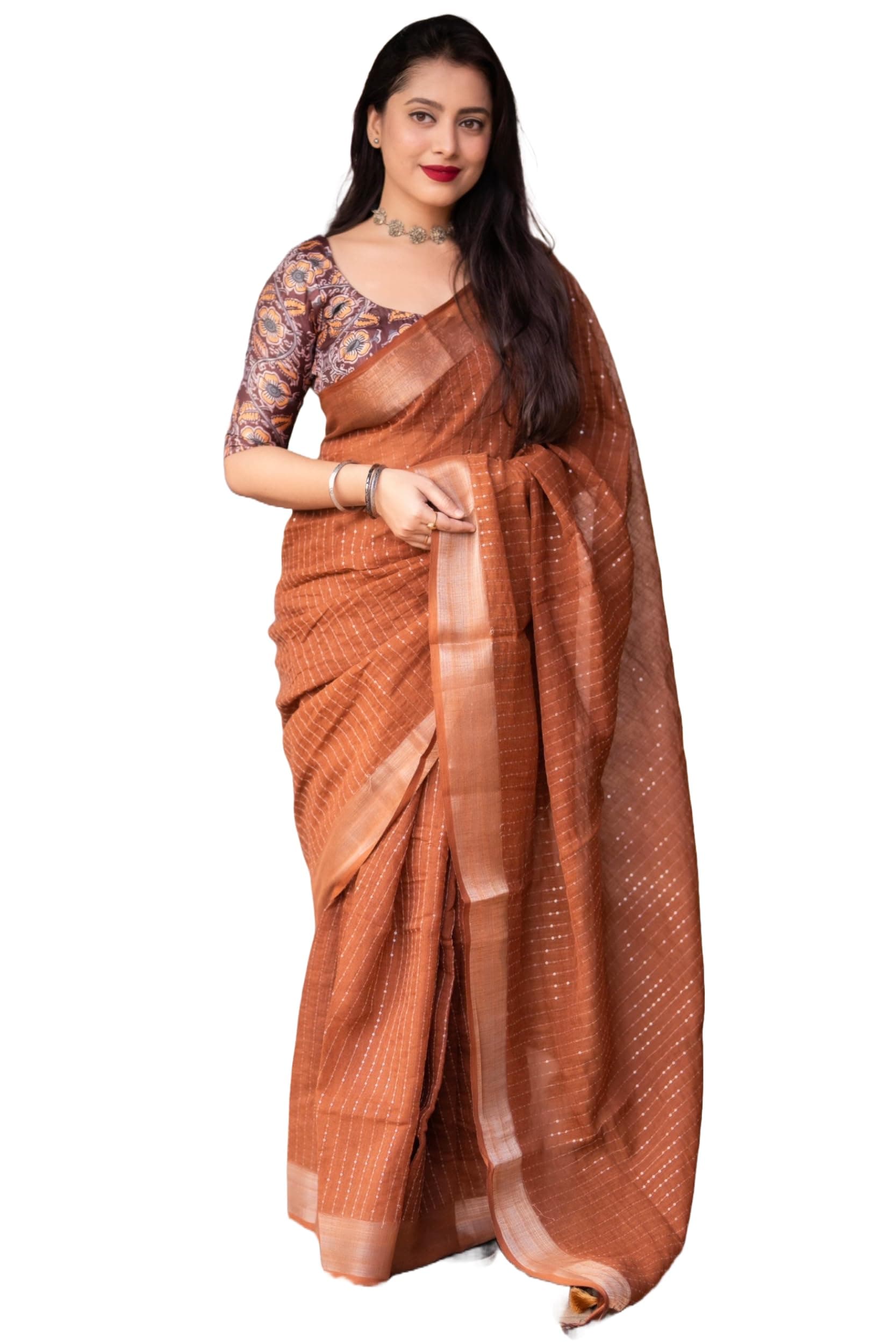 Pandadi Saree Women's Linen Saree With Unstitched Blouse piece
