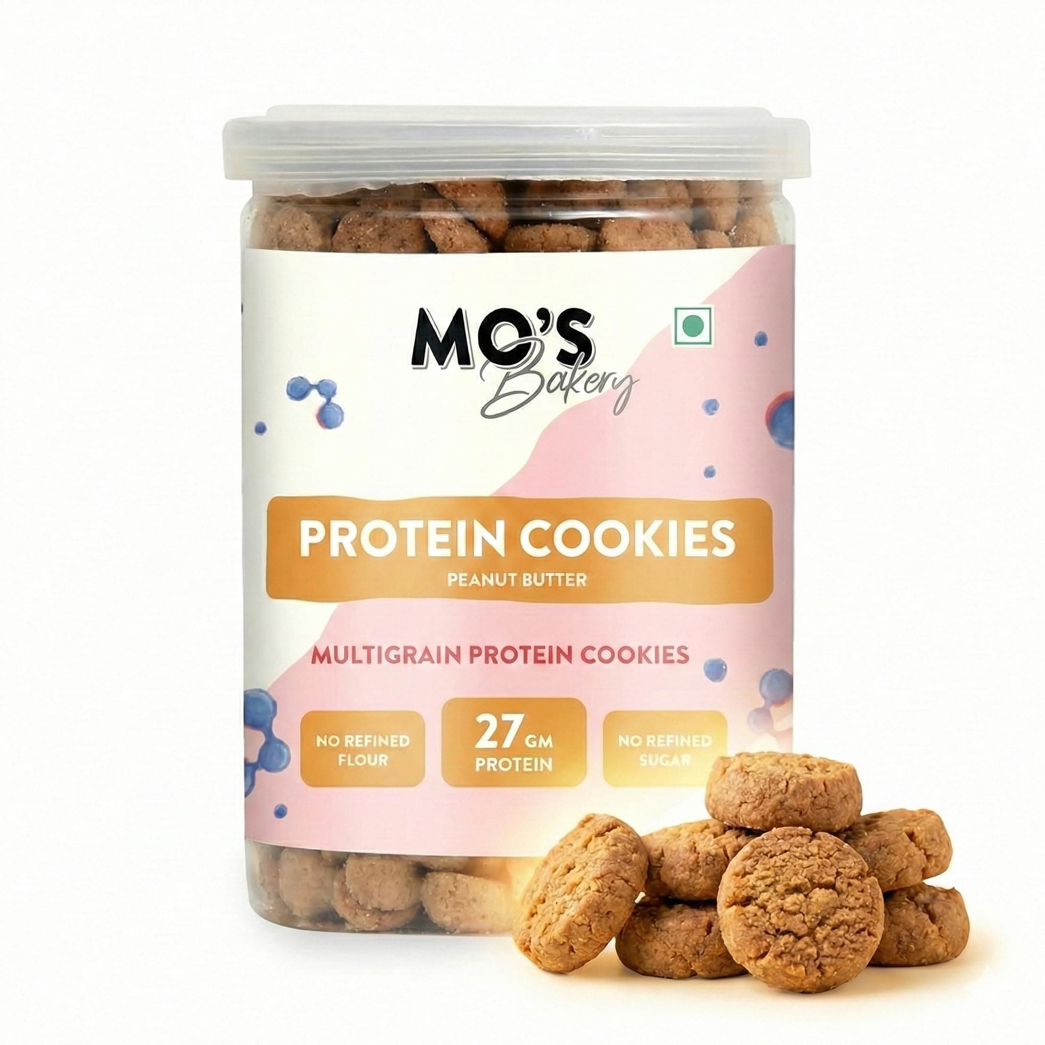 Mo’s Peanut Butter Protein Cookies – 300g | 27 G protein per 100g serve | Mini Cookies | Multigrain, Plant-Based Snack with Ragi, Oats, Barley & Jaggery | No Refined Sugar | High Protein