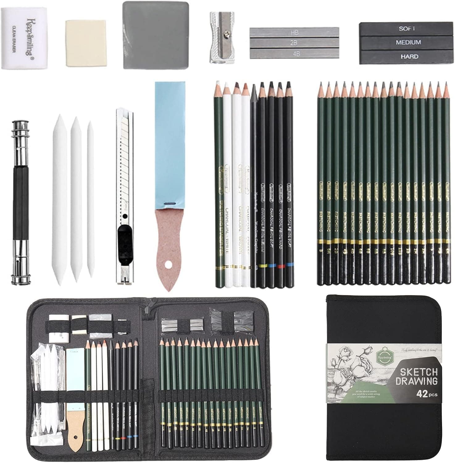 LIKE IT Professional Art Set 42 PCS | Drawing Sketching and Charcoal Pencil Kit with Kneaded Eraser for Beginners Teens Adults and Creative Artwork Use