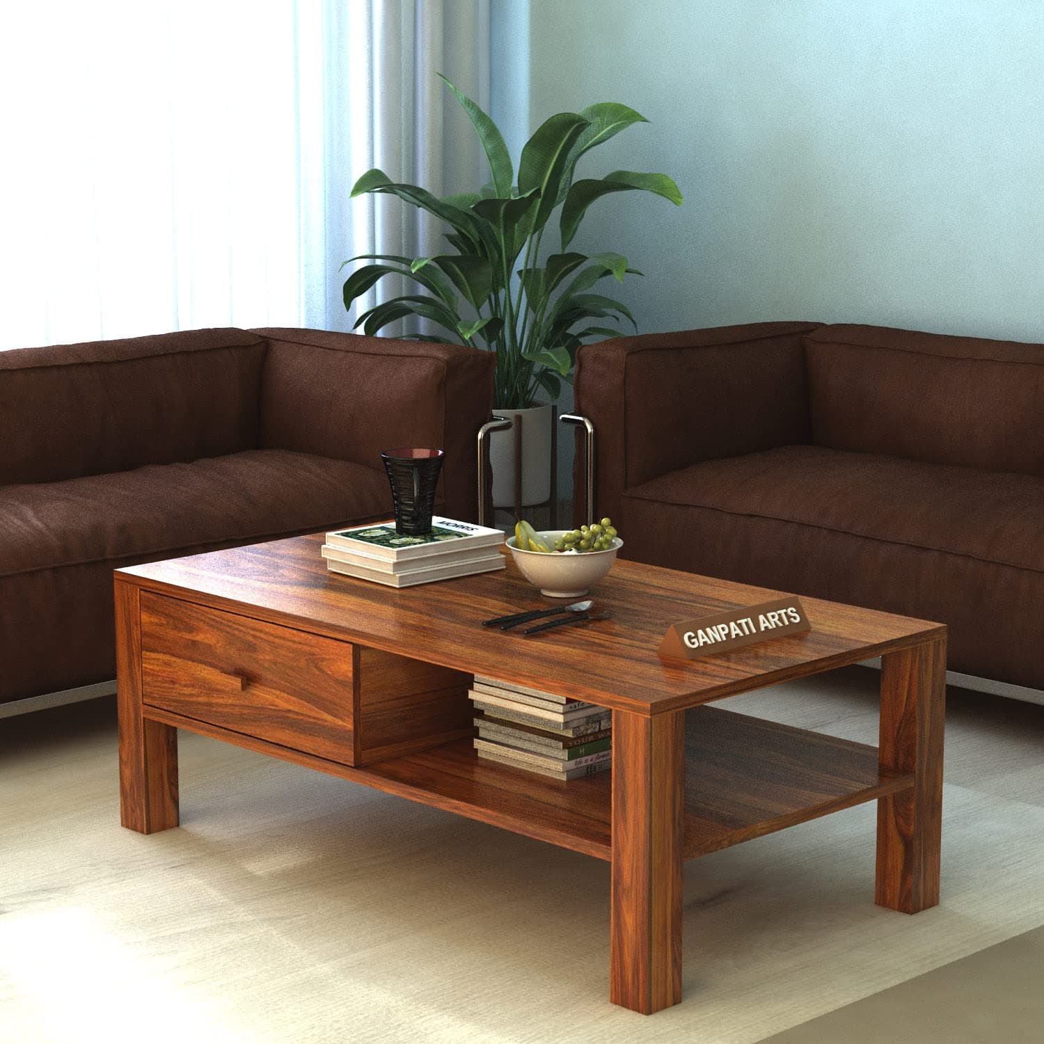 Ganpati Arts Solid Sheesham Wood Centre Coffee Table with 1 Drawer Storage for Living Room Wooden Teapoy for Home (Natural Finish) 1 Year Warranty