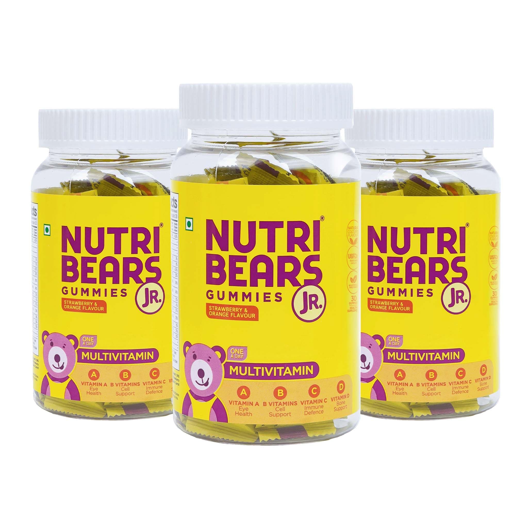 NutriBears Kids Multivitamin Gummies | 12 Essential Nutrients | No Artificial Colours or Sweeteners | Low Sugar | Immunity, Growth & Brain Development | Age 2-12 | Strawberry & Orange | 90 Gummy Bears