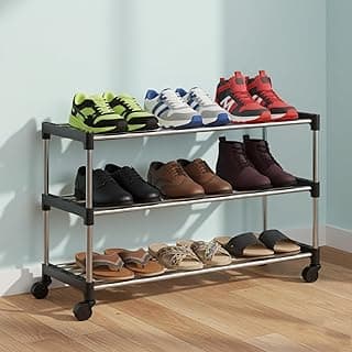 JD FRESH 3 Tier Shoe Rack/Stainless Steel Shoe Stand with Wheel/Movable Shoe Rack for Home/Multi-Purpose Footwear Stand/Books/Newspaper/Plants (Silver and Black)