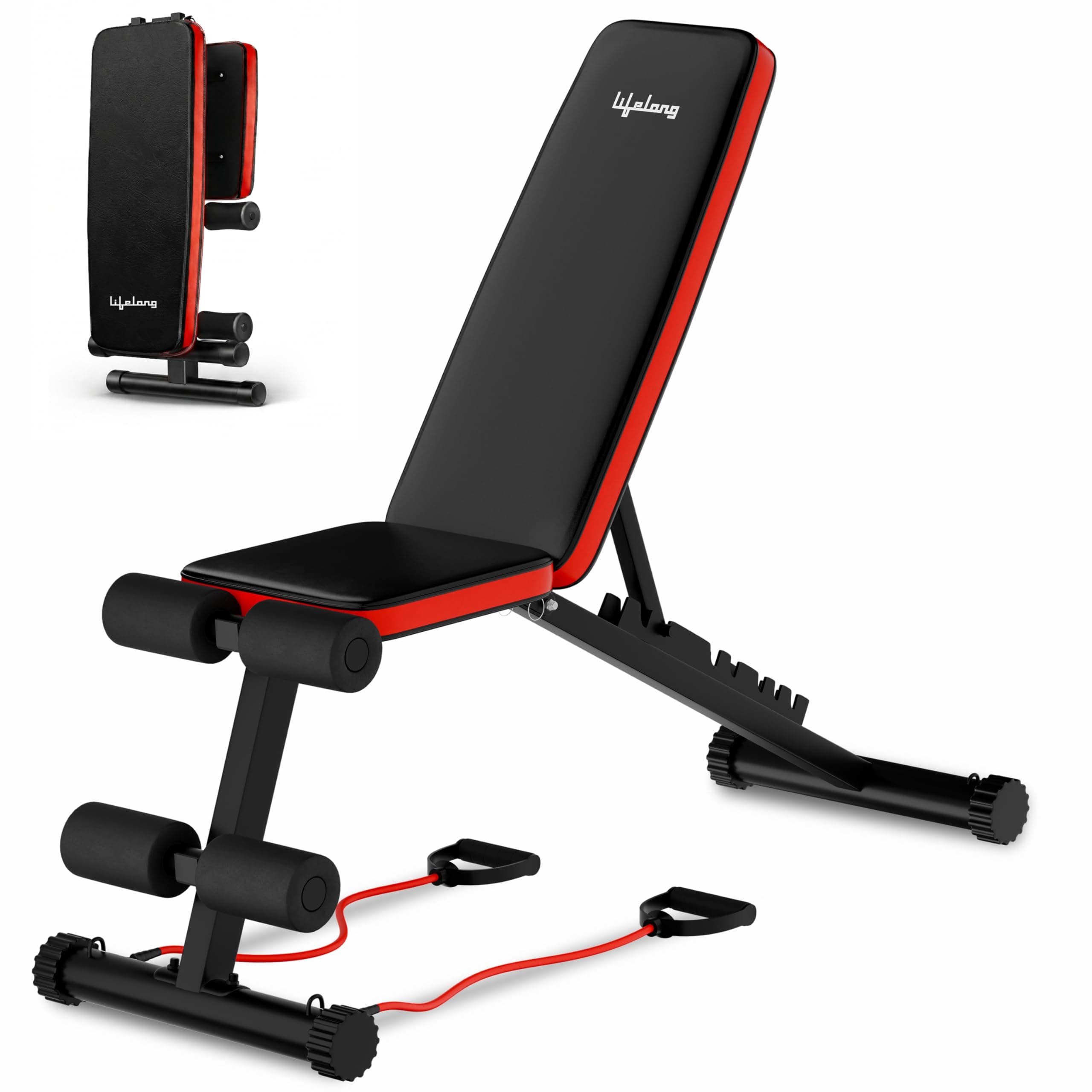 Lifelong Adjustable Gym Bench | Foldable Incline Decline Flat Fitness Bench Press | 300 Kg Capacity | Home Gym Equipment with Resistance Ropes | Black & Red