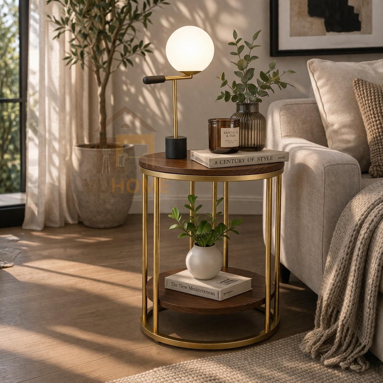 VUHOME 2 Tier Round Coffee Table with Storage Shelf | MDF Wooden Faux Marble Pattern Top Gold Metal Frame | Side Table, Bedside Nightstand for Living Room Bedroom Balcony Office | Brown Gold (54x40cm)