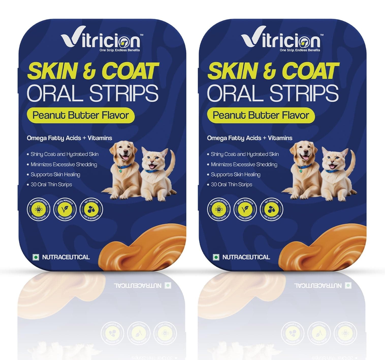 Vitricion Pet Skin & Coat Oral Strips for Dogs & Cats | Omega Fatty Acids, Vitamin A & E | Vet Approved, Reduces Shedding & Itching | Thick & Shiny Fur | 60 Strips | Peanut Butter Flavor