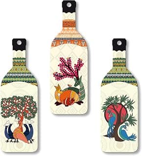 Artvibes Animals and Birds Madhubani Art Bottle shaped Wooden Wall Hanging | Living Room | Handcrafted Art | Wall Illustrations | Art Prints | Aesthetic Wall Art | Ideal Gifts (WH_9524N), Set of 3