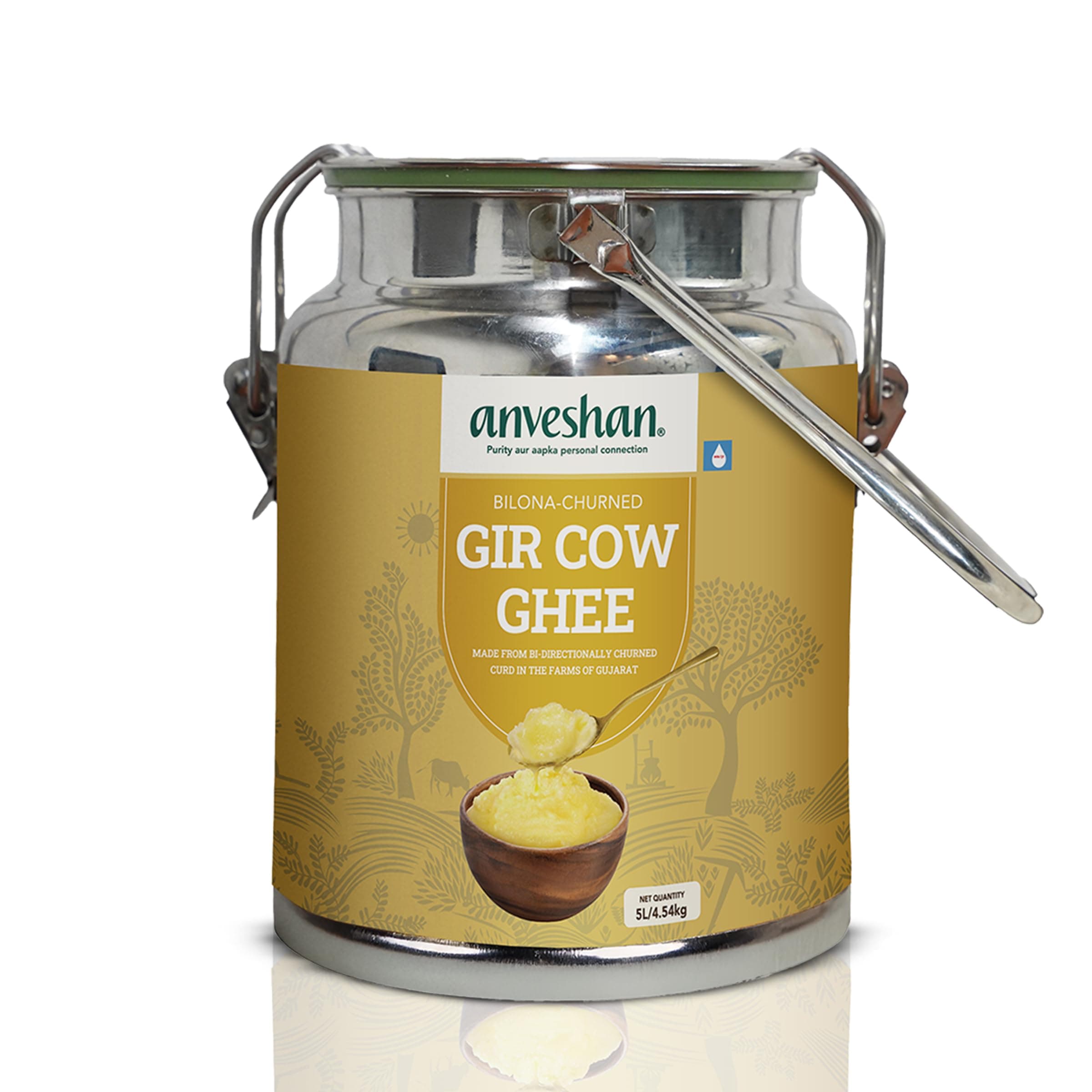 Anveshan A2 Gir Cow Ghee - 5L Dolchi | Traditional Bilona Method | Curd- Churned | Cultured | Pure and Nutural | Lactose and Gluten Free | Lab Tested