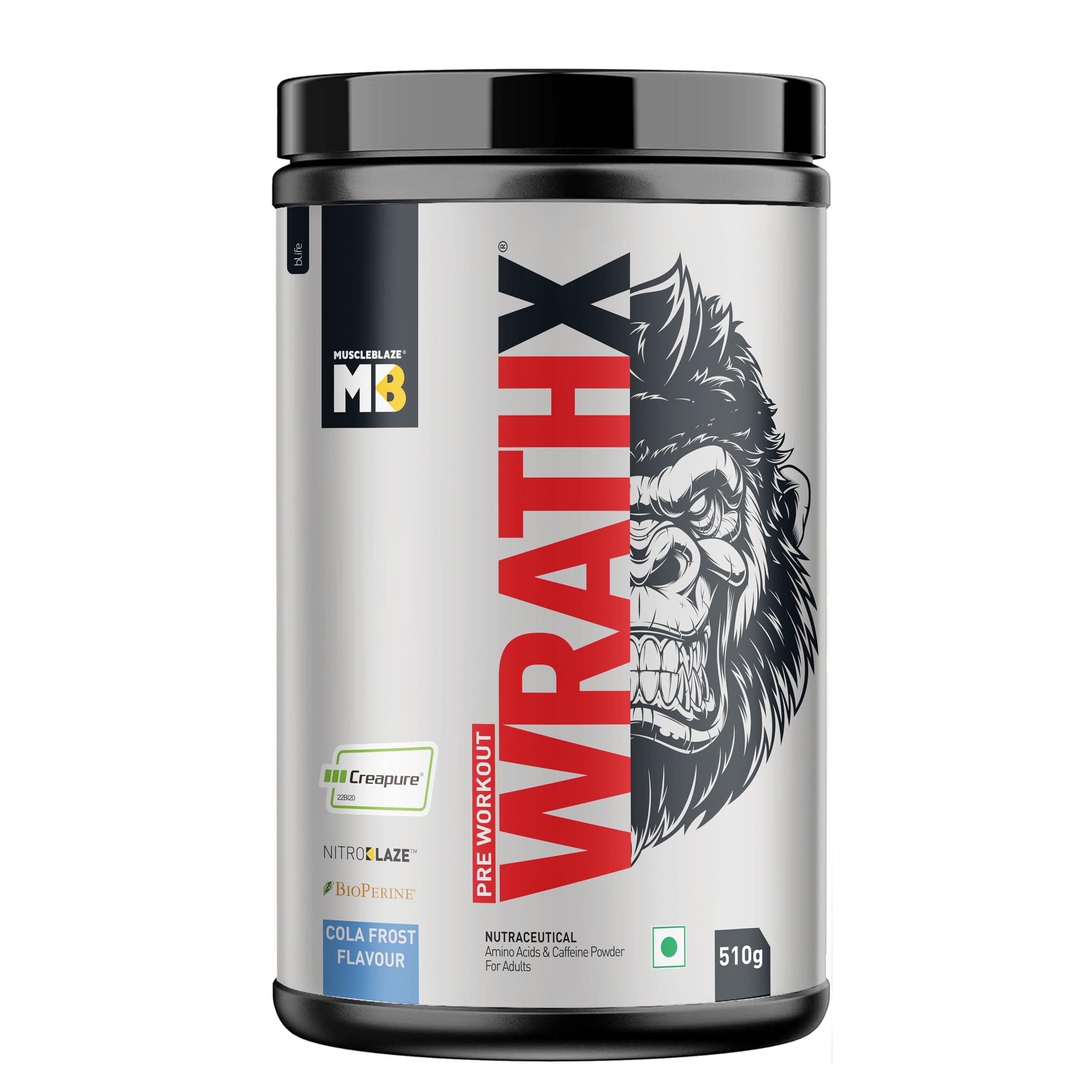 MuscleBlaze Pre Workout WrathX Powder, Cola Frost (30 Servings, 510g) | With Creapure, NitroBlaze & BioPerine