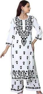 Generic Areeba Women's Rayon Lucknowi Embroidered Chikankari Straight Kurta with Palazzo Set
