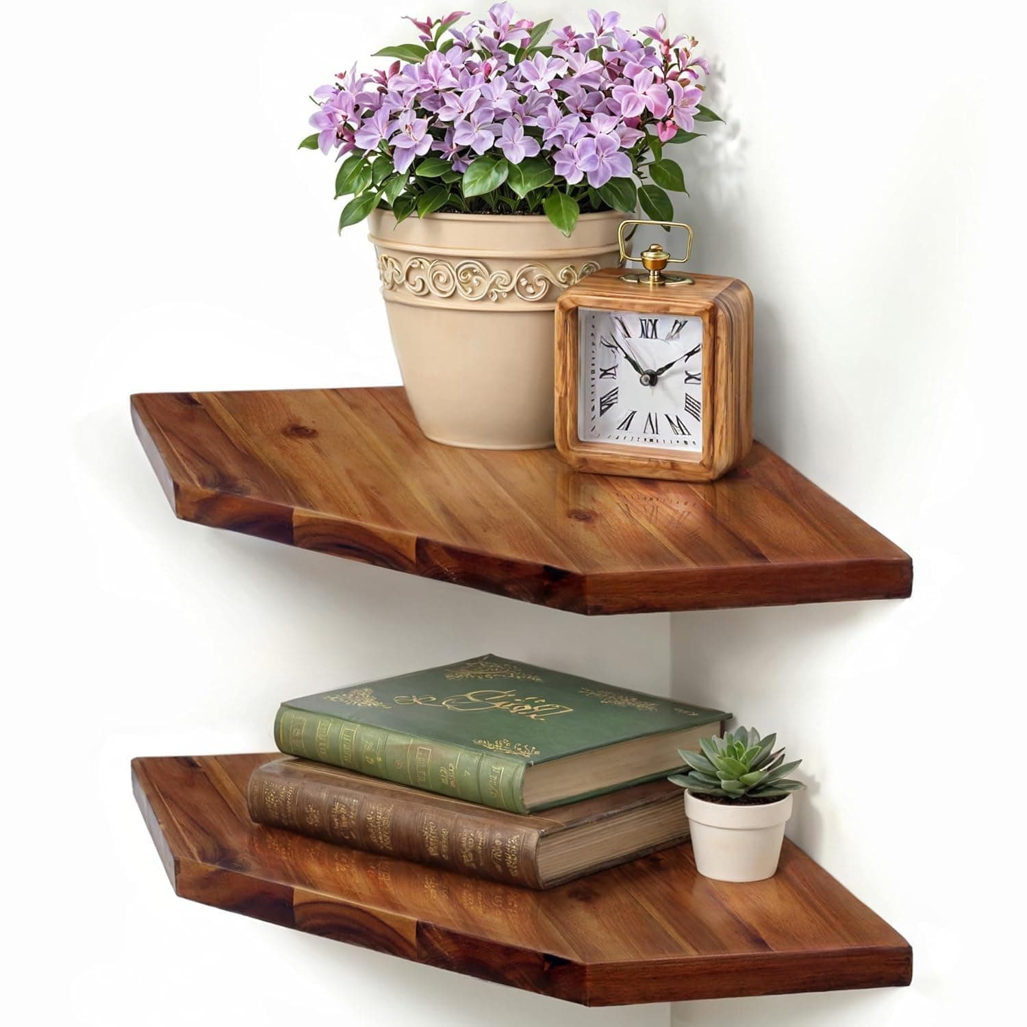 Duadecor Corner Shelf Wall Mount, Set Solid Acacia Wood Floating Corner Shelves, Smooth - Durable - Attractive Corner Shelves for Bedroom Living Room Bathroom Kitchen (Corner Set of 2)