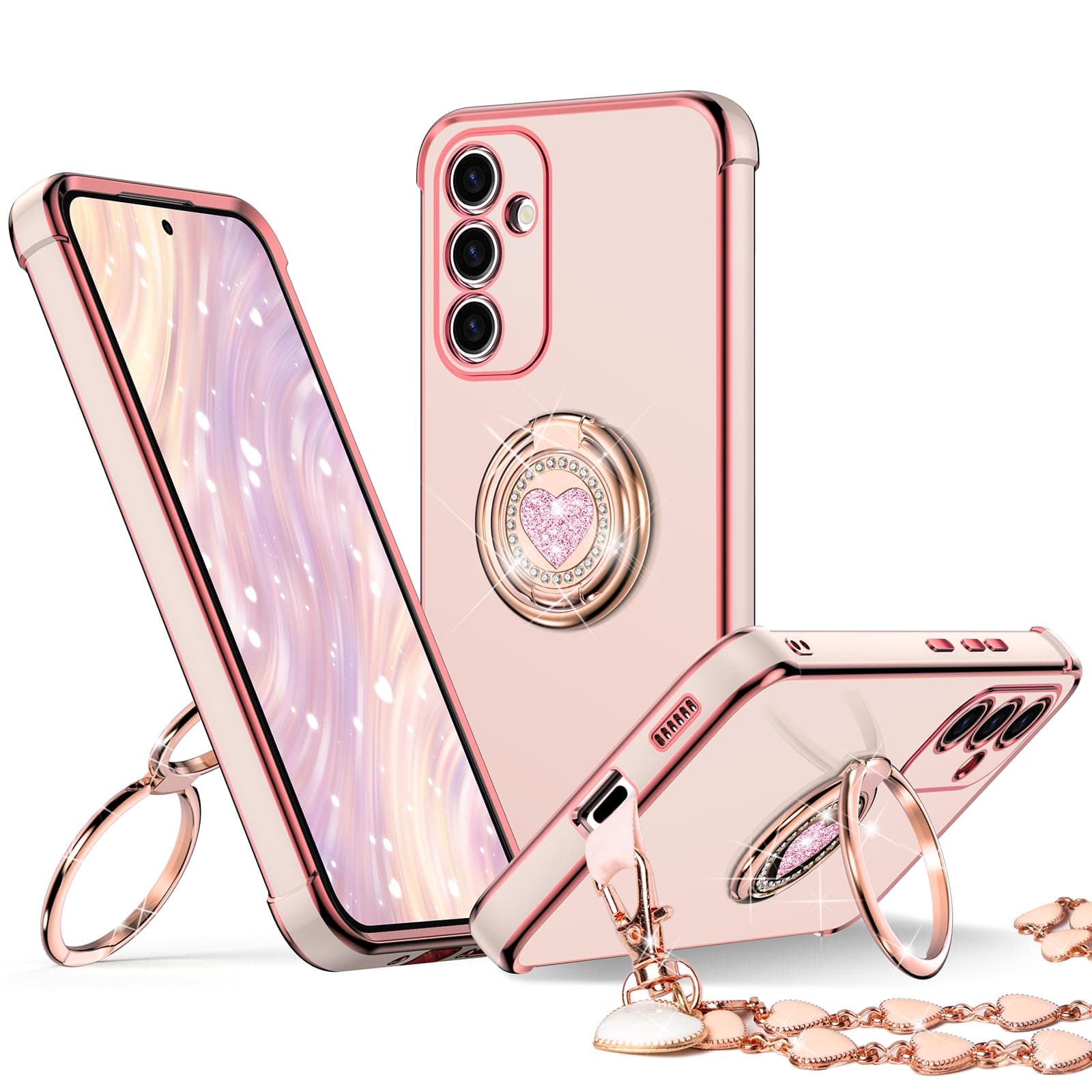 XYZ for Galaxy S24 Back Cover Case with Stand, for Samsung Galaxy S24 Case with Double Ring, Women Girls Bling Luxury Protective Phone Case Heart for Samsung S24, Pink