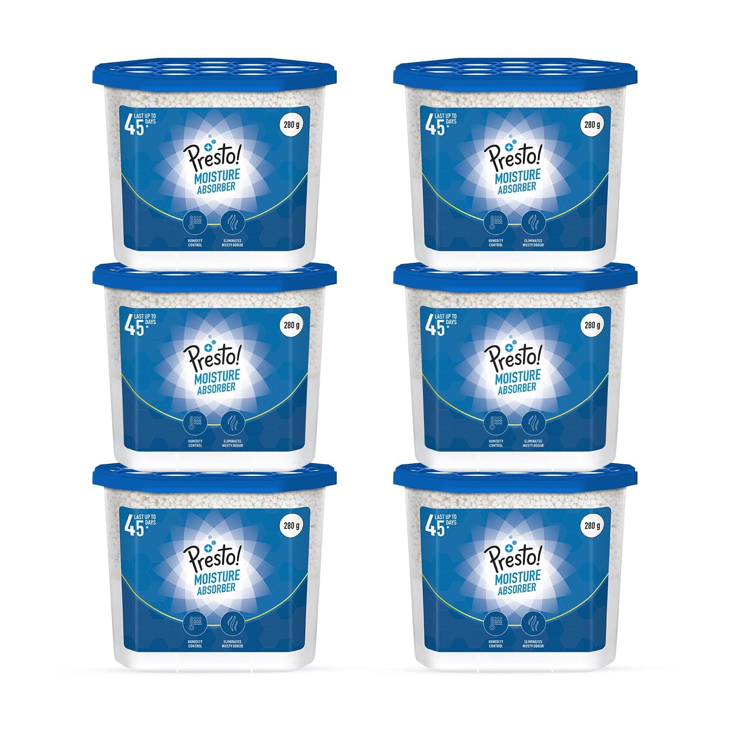 Amazon Brand - Presto! Moisture Absorber | 280g x Pack of 6 | Absorbs Up to 600Ml Each | Eliminates Musty Odour | Effective for 45 Days