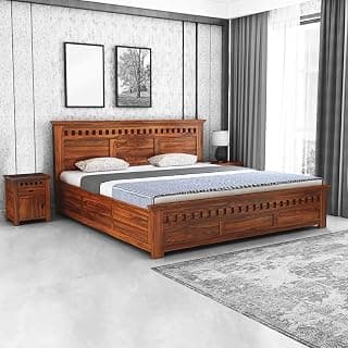 Sheesham Wood King Size Double Bed with Box Storage for Bedroom Livig Room Home (Honey Finish)