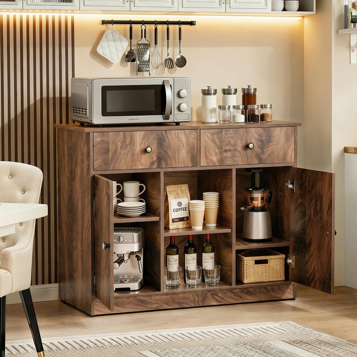 ABOUT SPACE 3ft Kitchen Storage Cabinet with 2 Drawers, Open Center Shelf, 2 Closed Cabinet with Adjustable Shelves Modern Kitchen Rack Cupboard for Dining Room, Living Room, Entryway – Walnut