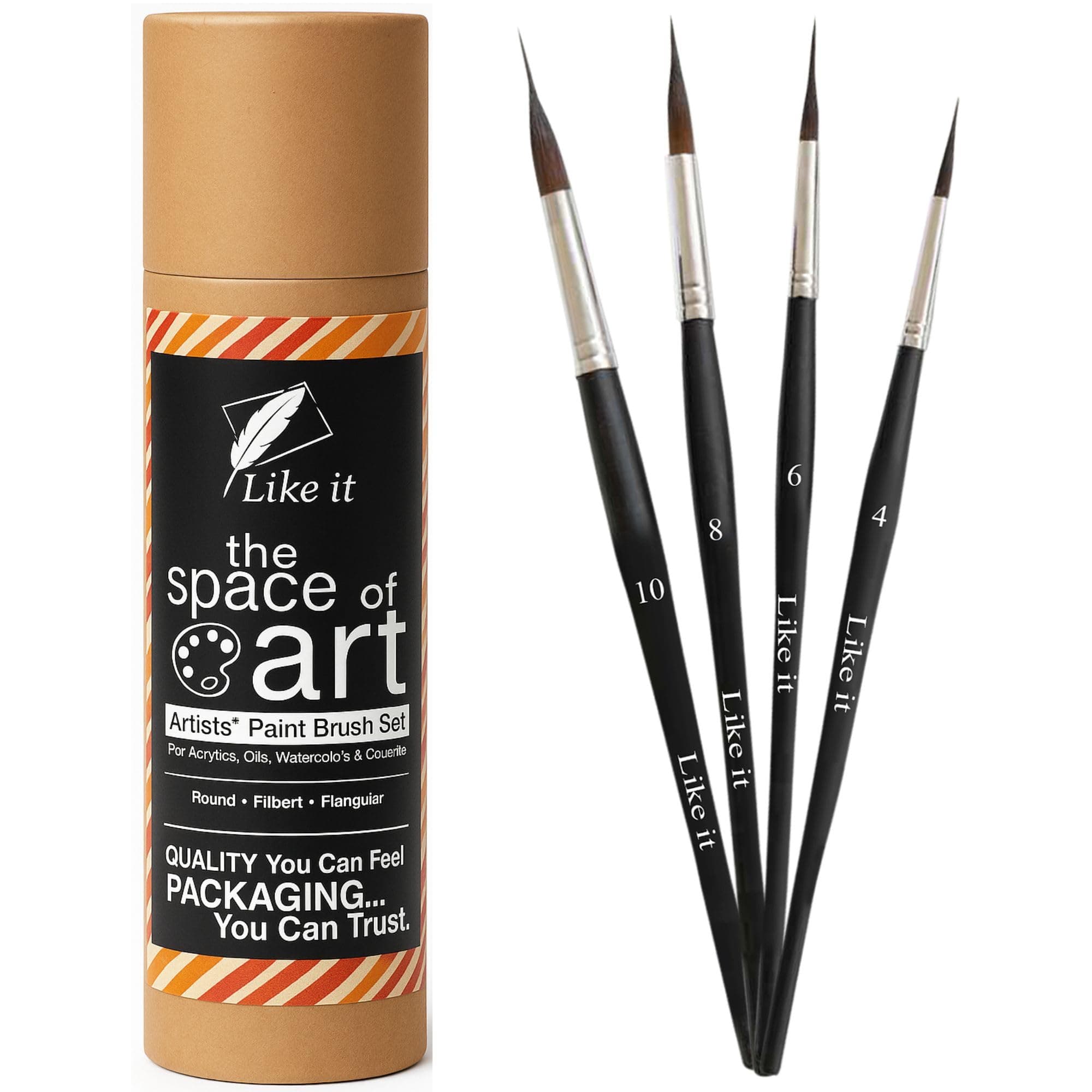 Like it Artist Professional Needle Detail Mop Paint Brushes Set Sizes 4, 6, 8, 10, Synthetic for Calligraphy, Writing Brush with Brush Holder