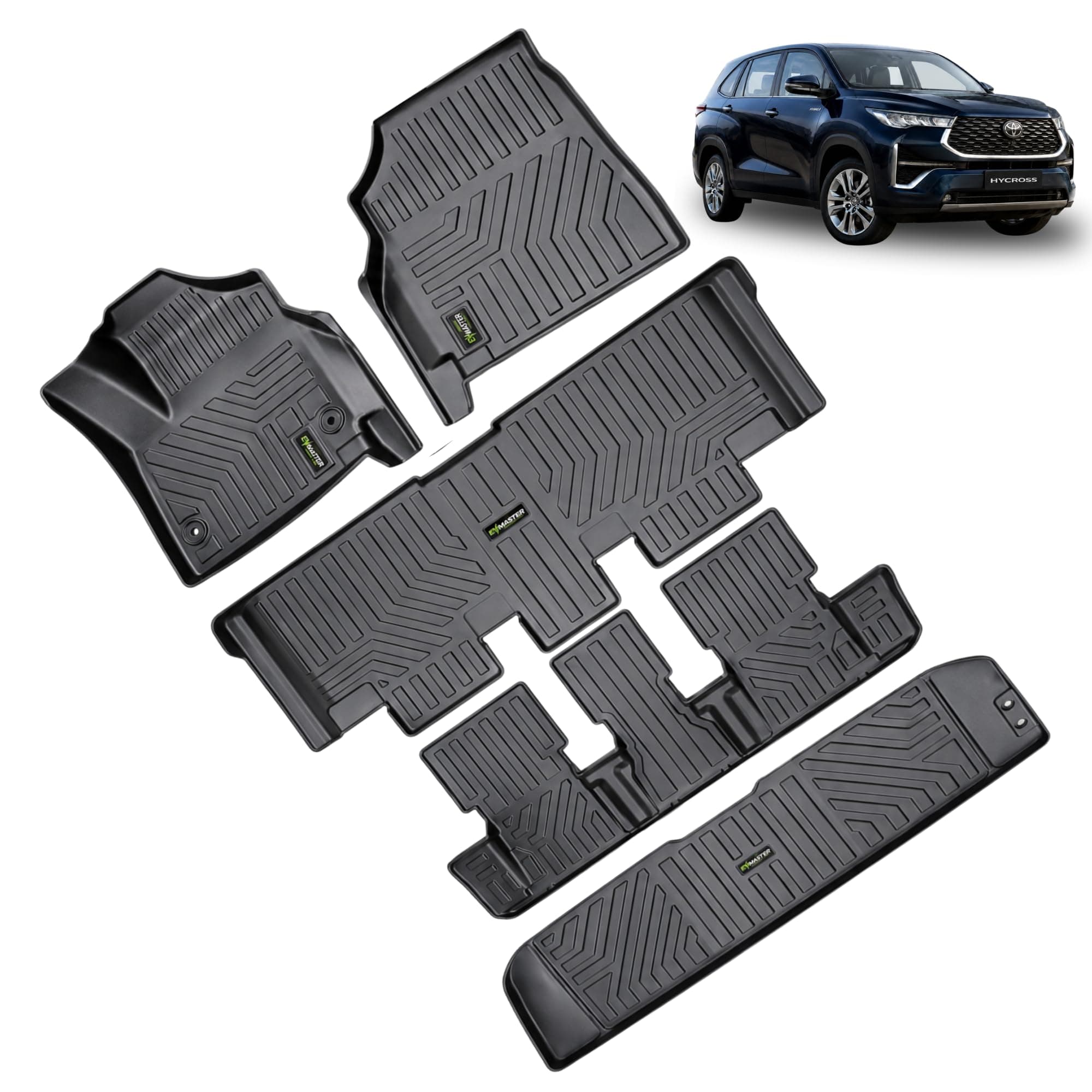 EV MASTER Car Floor Mats for Toyota Innova Hycross Hybrid (2026 Onwards) Complete Set | Waterproof | Anti-Slip | Luxury Premium Car Mat | Full Coverage | Custom Fitted Car Foot Mats (5D Black)