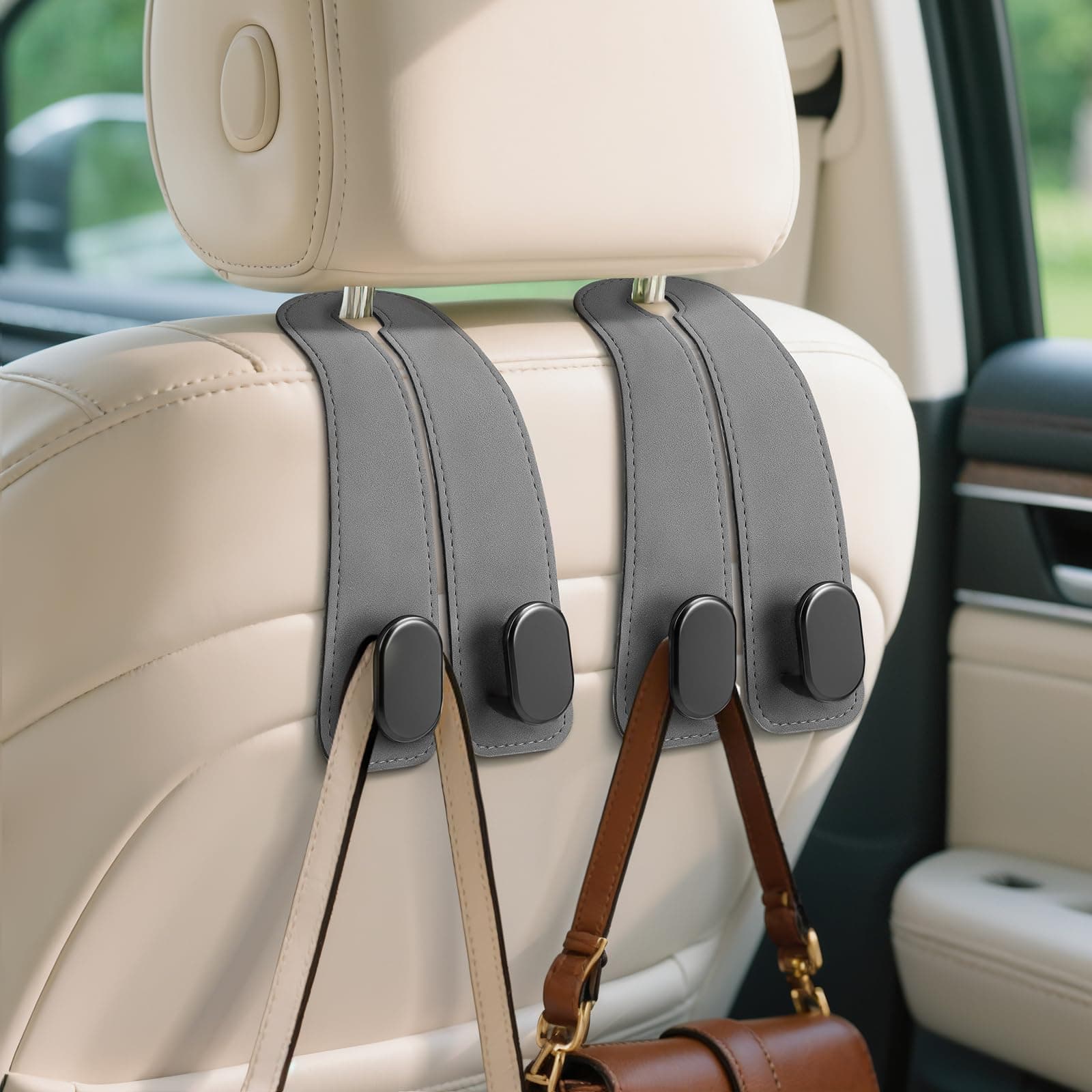 Fitnice Car Seat Headrest Hooks - 2 Pack Leather Car Purse Hook, Car Purse Bag Holder Hanger with Double Metal Hooks for Handbags, Grocery Bags, Bottles, Phones