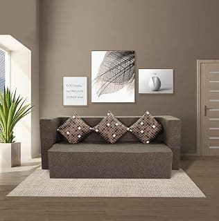 Seventh Heaven 3 Seater Sofa Cum Bed 72x44x14 inch Jute Fabric with 3 Cushions 3 Seater Double Foam Pull Out Sofa Cum Bed (Finish Color - Brown Delivery Condition - Pre-Assembled)