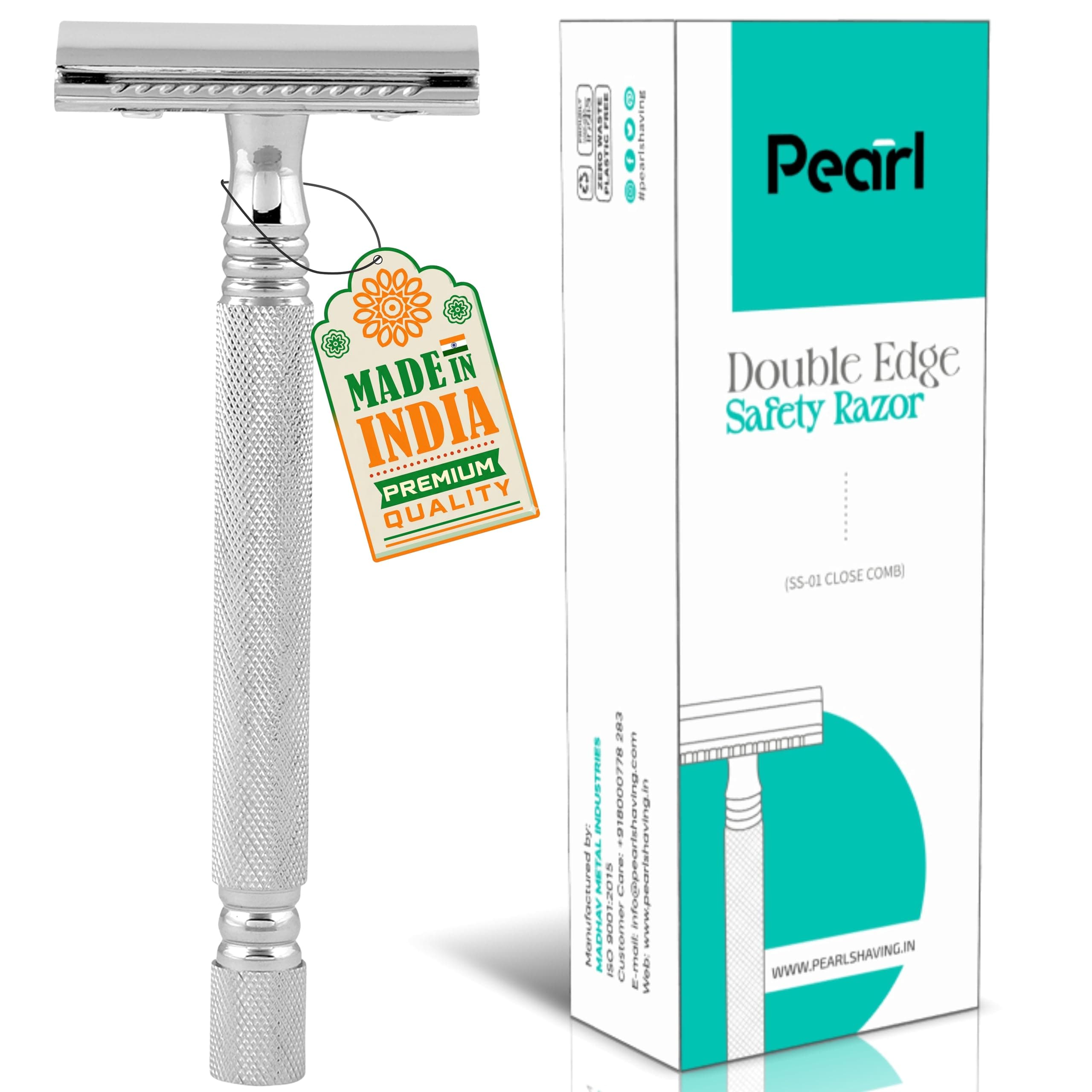 Pearl Shaving Double Edge Safety Razor (SS-01 CC-CHROME) made with Brass Metal- Classic & Traditional | Complimentary Blade Refills | Shaving Kit | Rakshabandhan Gift Option