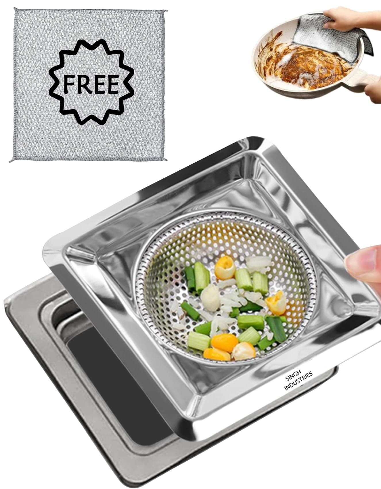 SINGH INDUSTRIES 2 Pack Stainless Steel Sink Strainer Square Shape & Non-Scratch Wire Dishcloth, Kitchen Drain Basin Basket Filter Stopper Jali/Drainer, 11.5 Cm X 11.5 Cm