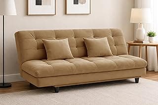 Modern Foldable 3-Seater Futon Sofa Bed with Tufted Sleeper Couch Sofa with Adjustable Backrest– Living Room Furniture-Golden