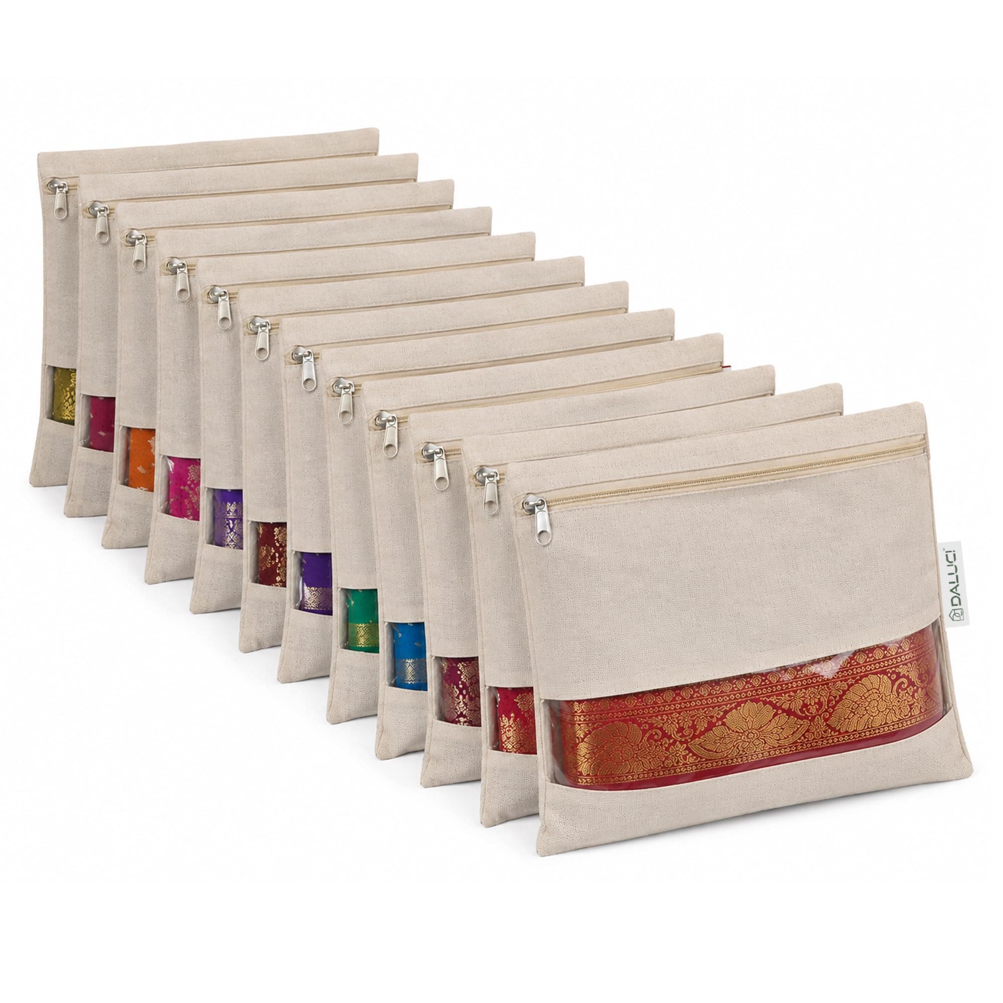 DALUCI Saree Covers for Storage Pack of 12 | Cotton Saree Covers with Zip Transparent Mesh Window | Saree Organiser for Wardrobe | Saree Bags for Storage Big Size 16 x 14 Inch | Beige