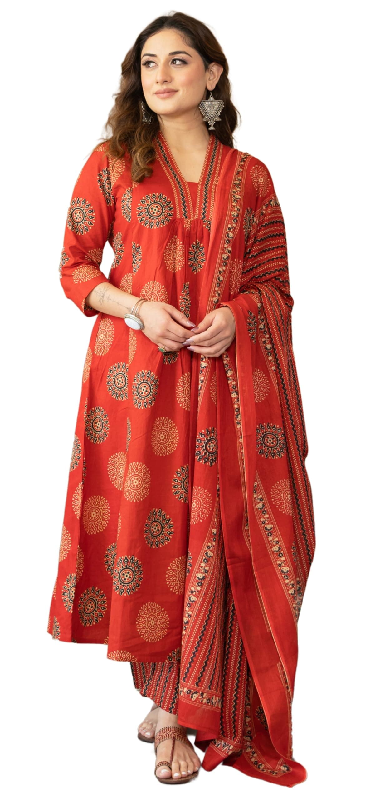 Arayna Women's Pure Cotton Intricate Block Printed Ethnic Wear Kurta Set with Palazzo & Dupatta