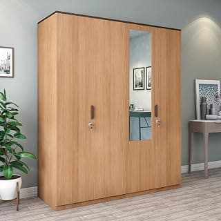 Nilkamal Milford Neo 4 Door Wooden Wardrobe with Mirror for Bedroom | Almirah with 2 Hanging Rods, 2 Lockable Drawers & 6 Shelves | Clothes Cupboard | Engineered Wood | Urban Teak
