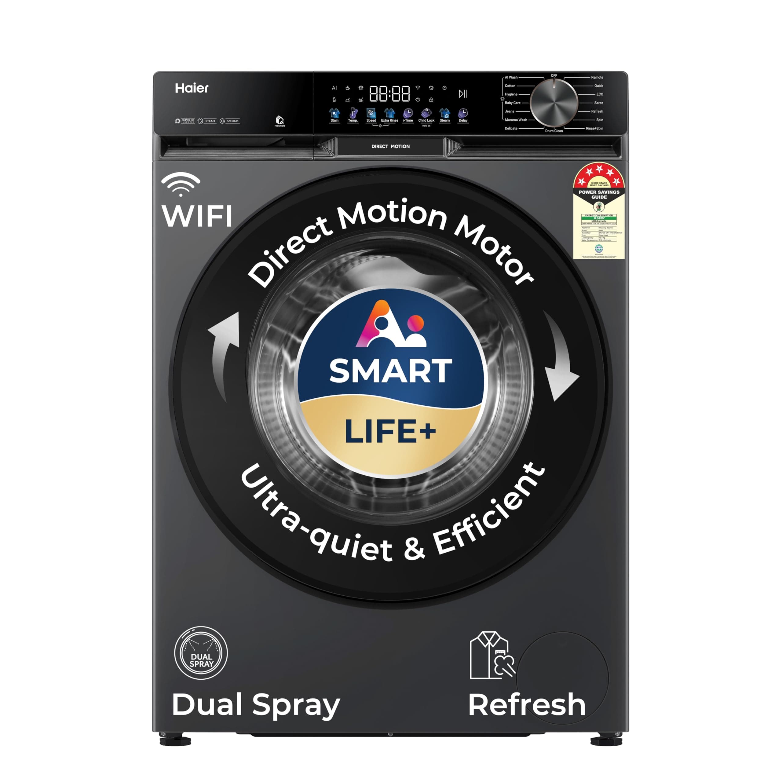 Haier 12 Kg, 5 Star, AI Smart LIFE+, Hygienic Care, ABT, 525 mm Super Drum, Refresh, Direct Motion Motor, WiFi enabled, Fully Automatic Front Load Washer (EFL120-DM14F5ES8U1 | Dark Jade Silver)