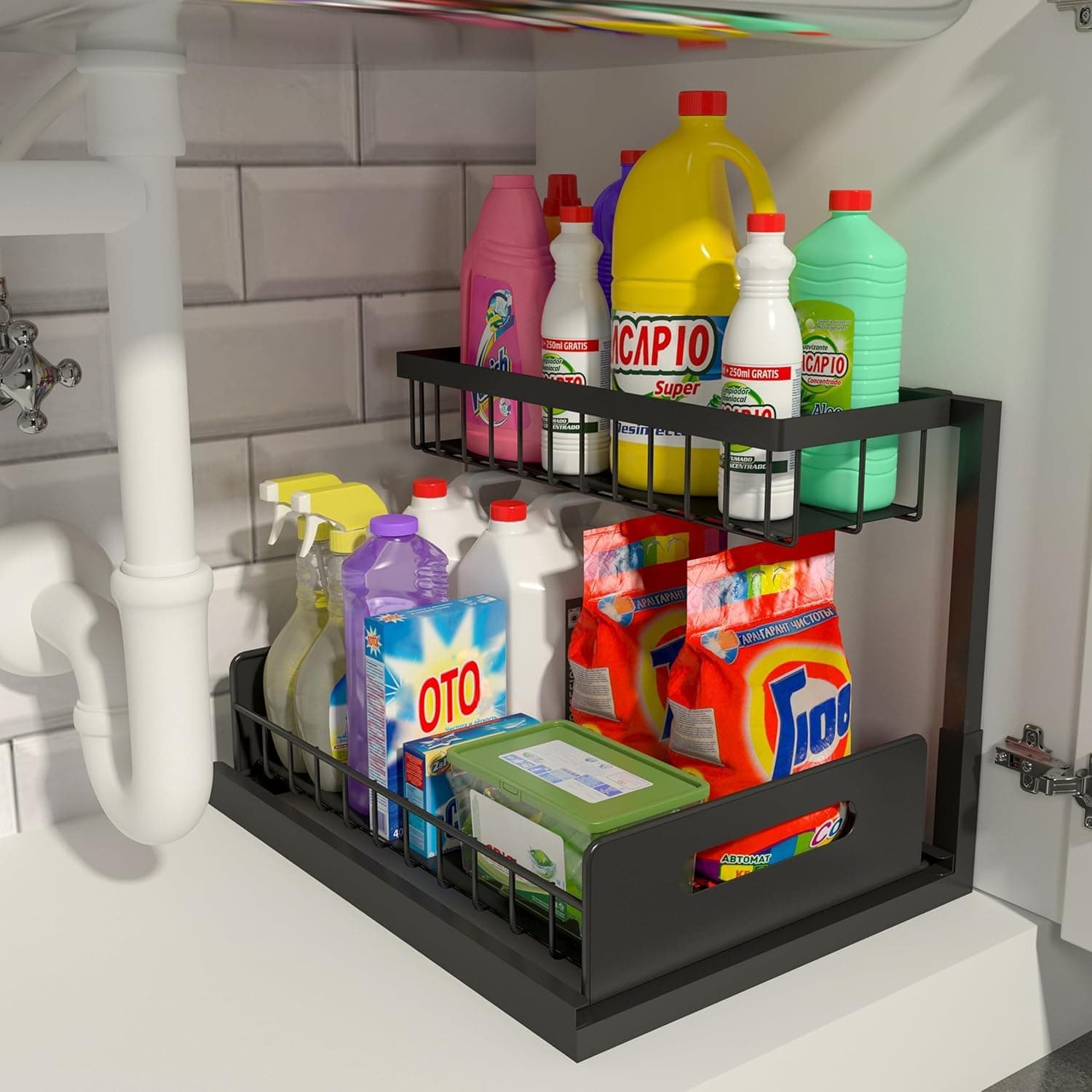 INOVERA (LABEL) Kitchen Under Sink Organizer - 2 Tier Pull Out Cabinet Storage Shelves - Sliding Rack (Pack 1)