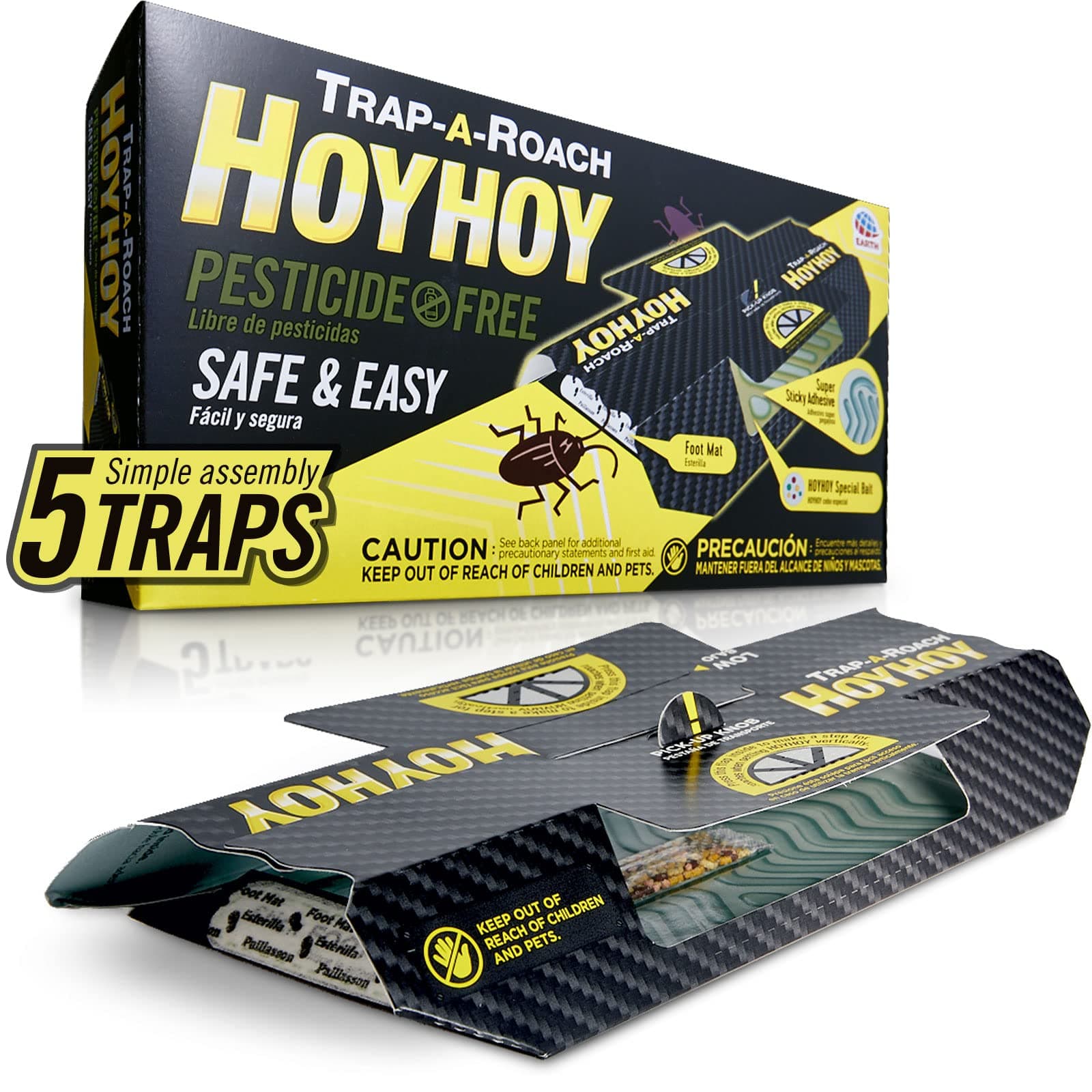 Hoy Hoy Cockroach Trap for Roaches, Made in Japan, 5 Traps, Pesticide Free Safe and Easy, Irresistible Bait, for Home with Kids & Pets, Water Resistant, No.1 Japanese Trap