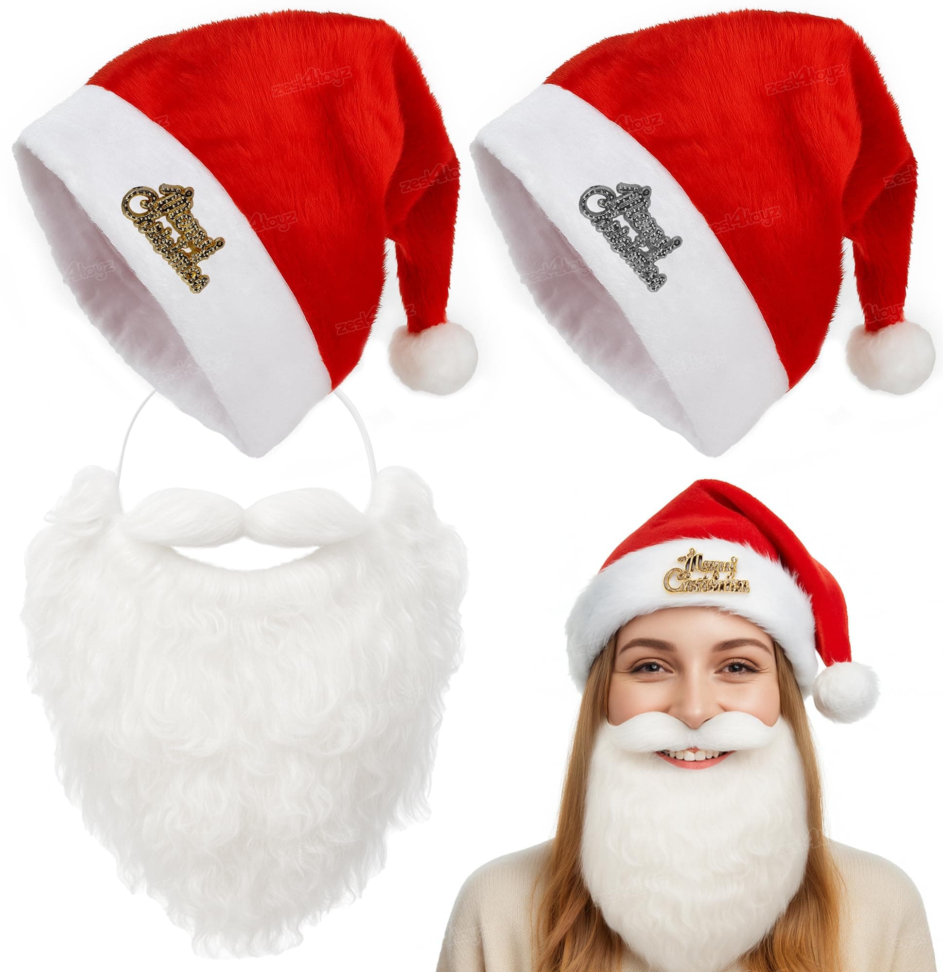 Zest 4 Toyz Christmas Items Santa Cap & Beard Combo 2 Santa Cap 1 Santa Beard for Kids & Adults