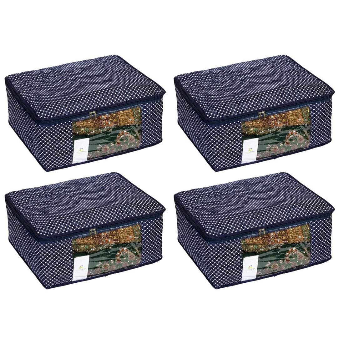 Homestrap Set of 4 Cotton Quilted Saree Covers | 3-Layered Foldable Storage Bags with Transparent Window & Zip | Premium Wardrobe Organizer for Sarees, Lehengas, Dresses | Navy Blue
