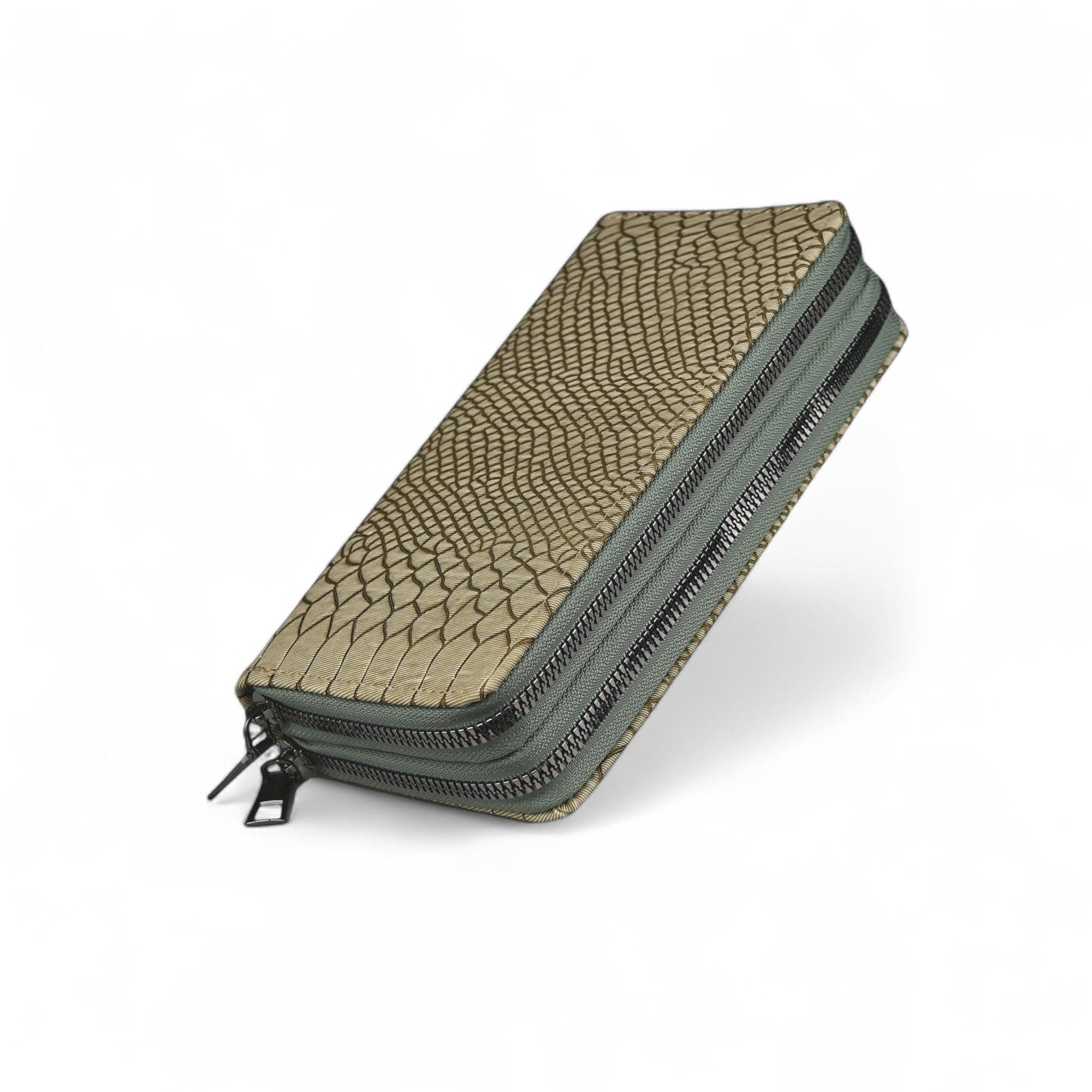 ALSU Women’s Luxury Vegan Leather Zip-Around Wallet | 6 Card Slots, Dual Zipper Compartments, Phone & Currency Holder | Designer Snake-Texture Purse for Women | Elegant Gift for Ladies (Khaki)