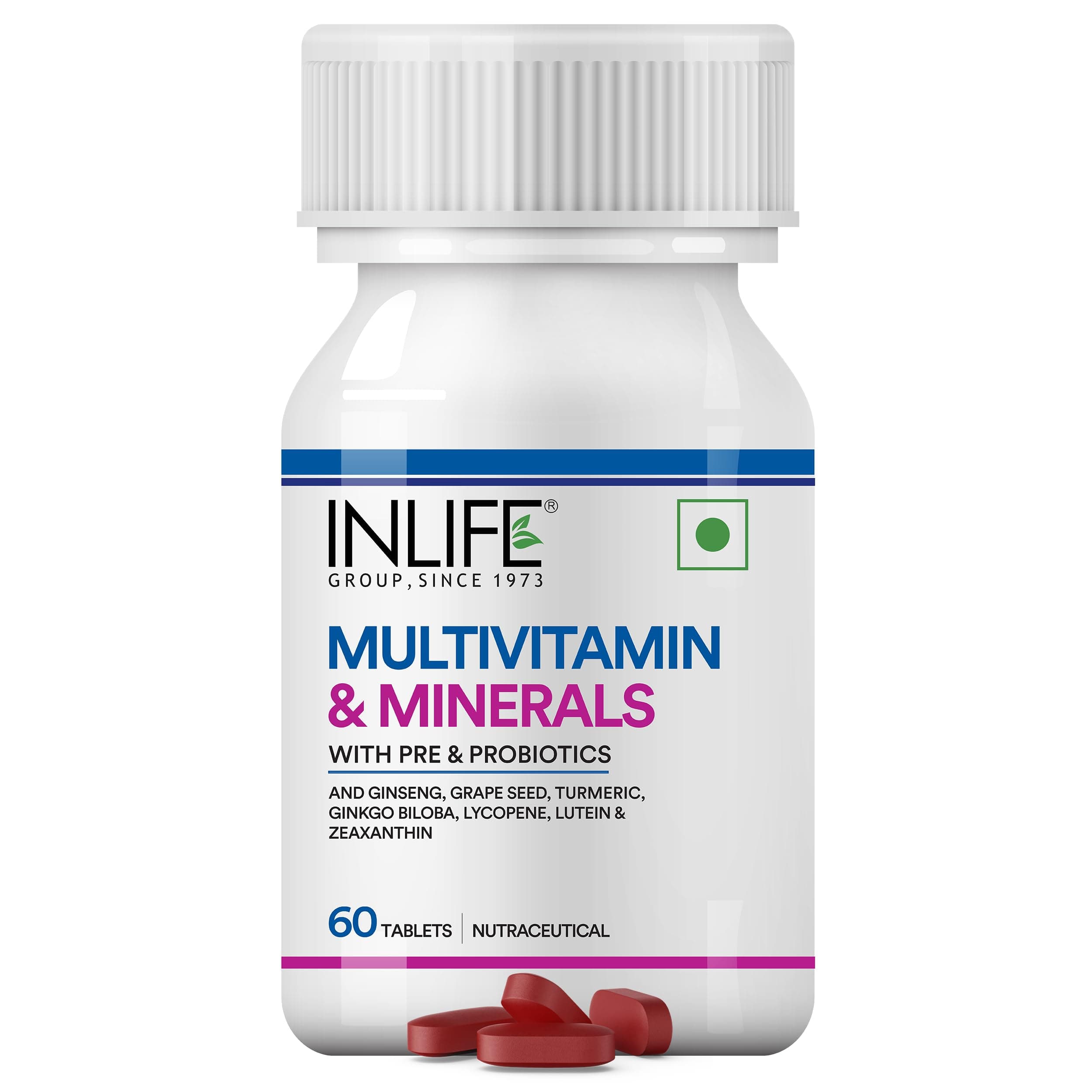 INLIFE Multivitamin & Minerals Supplement, Men Women, 60 Tablets | Vitamin B12 C D E Zinc Biotin, Ginseng Prebiotic Probiotic, Immunity Energy Gut Health, Daily Wellness Support
