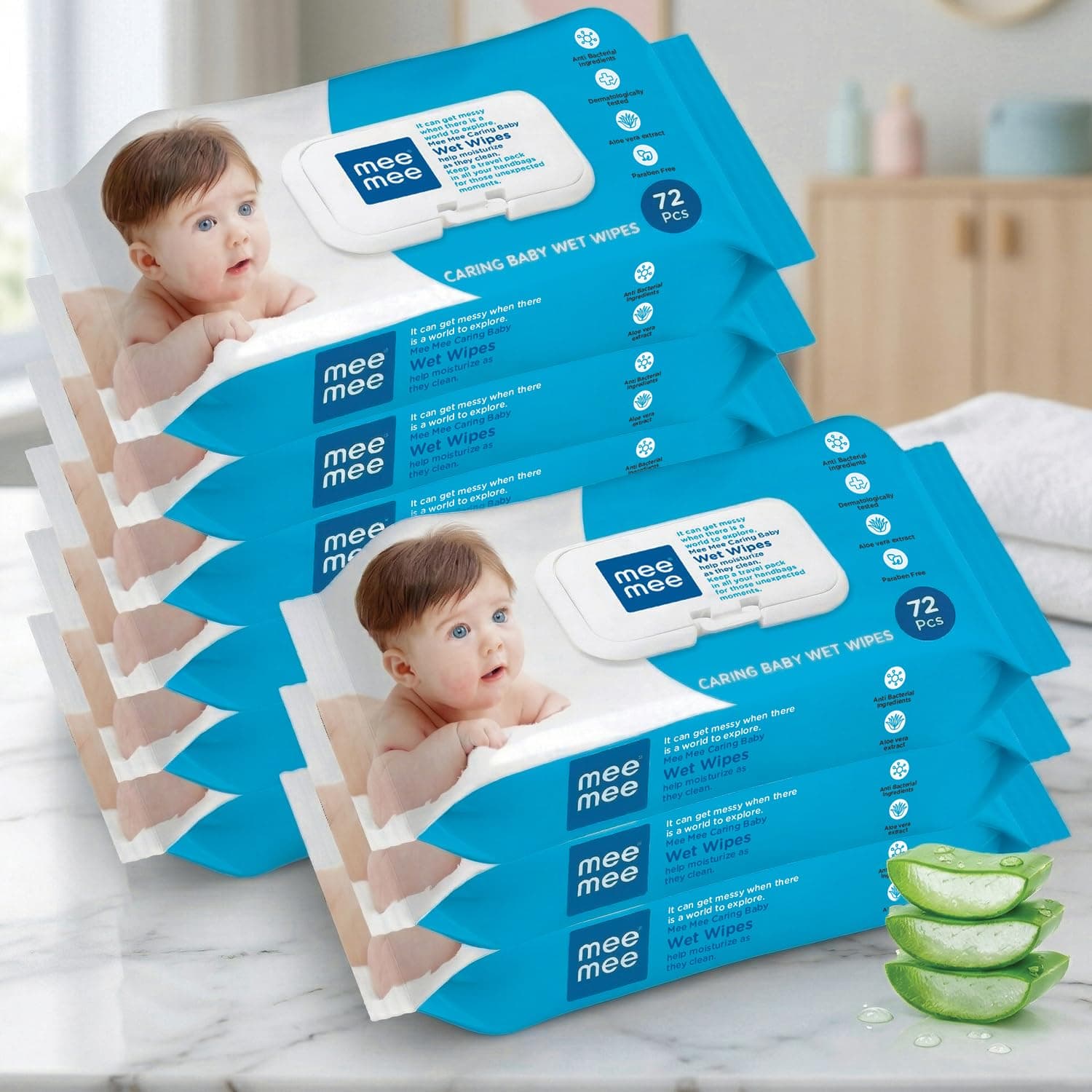 Mee Mee Wet Wipes for Baby Skin with Aloe Vera | Prevents Rashes | Paraben-Free, Fragrance-Free, pH-Balanced, Hypoallergenic | 72 Wipes per Pack with Lid (Pack of 9)