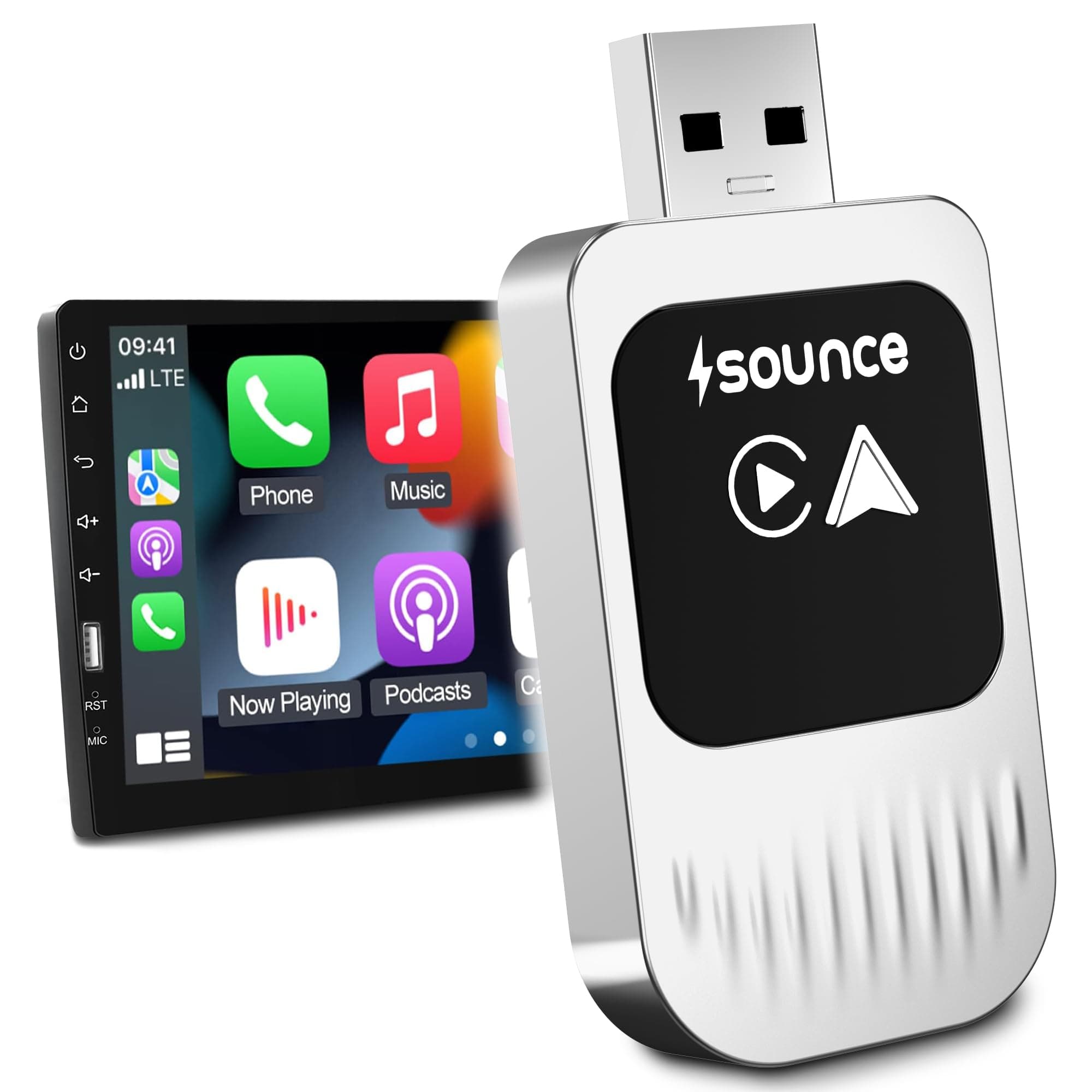 Sounce 2-in-1 Wireless Car Adapter – Converts OEM Wired Android Auto & Apple CarPlay to Wireless, Compact Plug-and-Play Bluetooth Receiver for Cars with Factory-Installed Wired CarPlay – Jet Black