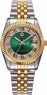 carlien Silver & Gold Stainless Steel Strap Waterproof Quartz Calendar Fashion Luxury Women's Watch (Green)