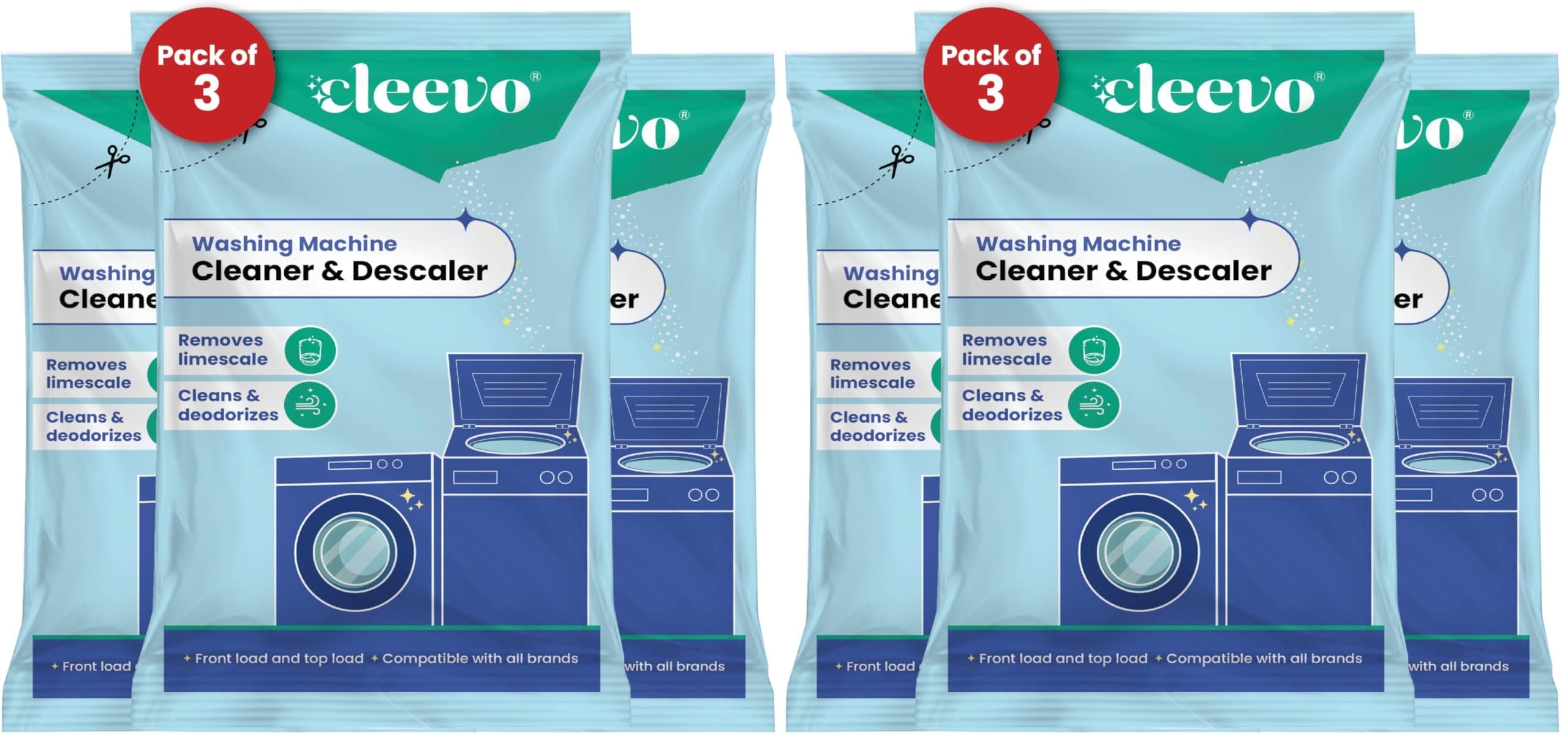Cleevo Washing Machine Cleaner & Descaler Powder – Pack of 6 | Removes Limescale, Odour & Residue | Non-Toxic, Phosphate-Free | Front & Top Load Safe