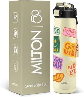 MILTON Steel Edge 900 Thermoware Water Bottle 600 ml with One Touch Safety Lock & Twin Lid Sip or Gulp,Long Hours Hot & Cold,Leak Proof,ISI Certified,Vacuum Insulated,for Office,Gym,School, Ivory
