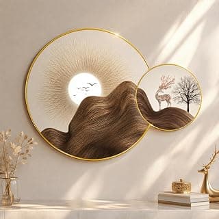 Livin'luxe Premium Brown Mountain Deer Round Wall Painting with Golden PVC Frame, Luxury Sun Wall Art for Living Room Bedroom Home Decor