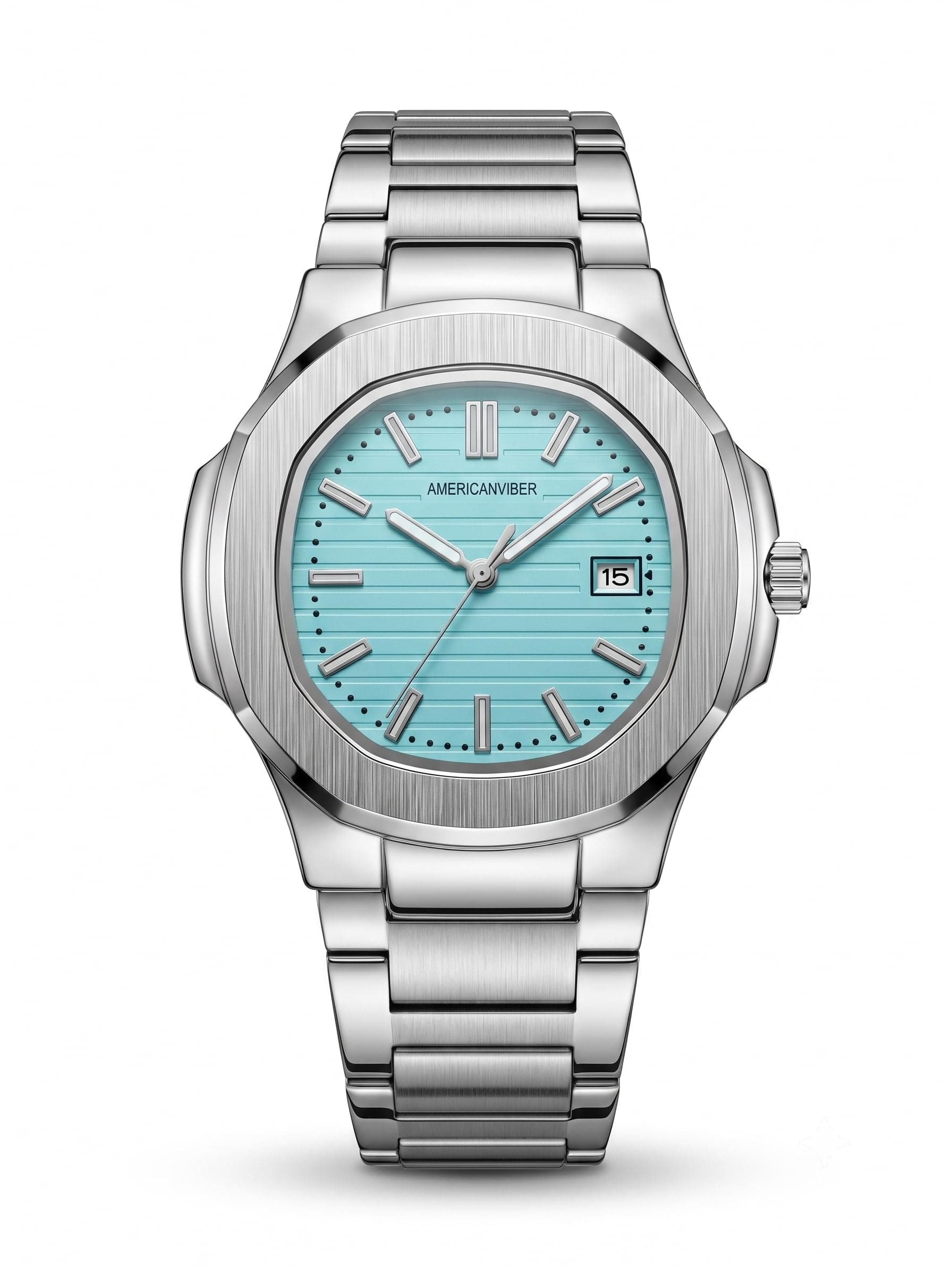 AMERICANVIBER Analog Square Dial Mens Quartz Watch Stainless Steel Bracelet Casual Chain Date Display Watch for Men (Sky Blue)