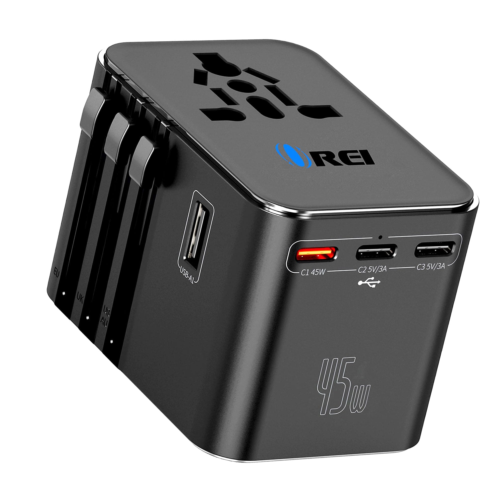 Orei 45Watt Universal Charger Adapter | 3X USBC 2XUSB A - 6-in-1 International Travel Adapter | Universal Travel Adapter Compatible 150+ Countries | Type C, A, G, I Compatible, Black