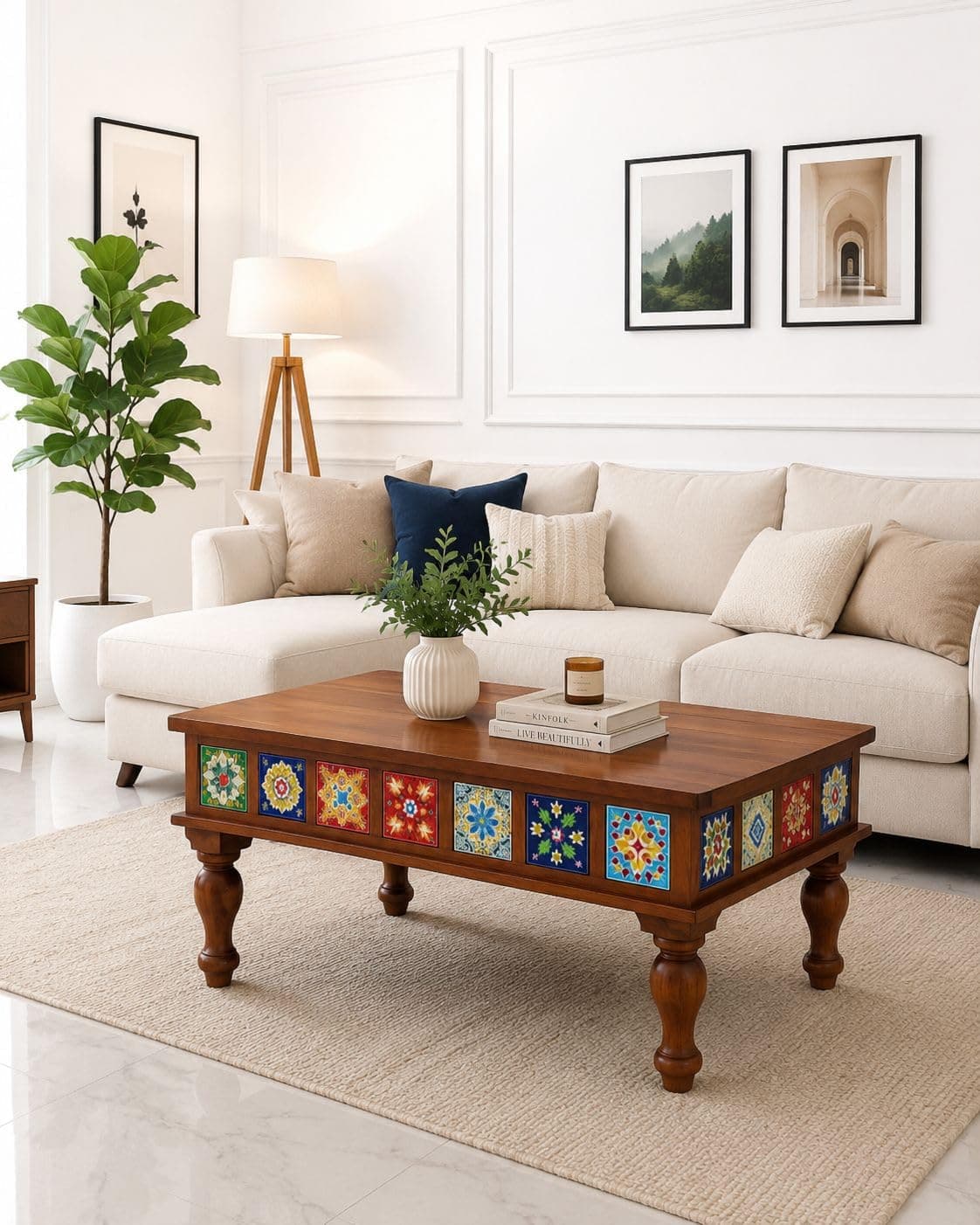AASALIYA Sheesham Wood Rectangle Center Coffee Table for Living Room | Centre Table for Drawing Room, Office & Home | Multicolor Tiles Design| Honey Finish