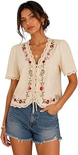 RIEKA Womens Off-White Floral Embroidered Cotton Top with Tie Up Front Lace Trim Scalloped Hem Puff Sleeves Relaxed Fit Casual Boho Top